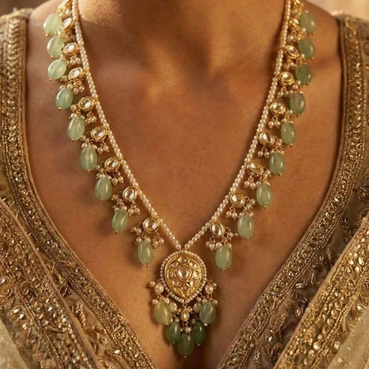 22kt 916k Hallmarked Gold Leaf Green Single Strand Polki Necklace with Syndicate Polki Green Stone Leaf Motifs and Thapa Craftsmanship | Heritage Jewellery