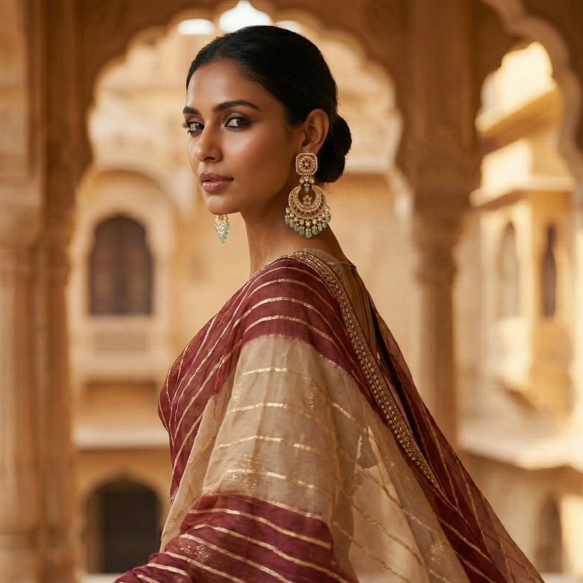 Square red green statement chaandbaali earrings in 916 hallmarked gold with 8 carat certified syndicate Polki — traditional Rajasthani jewellery