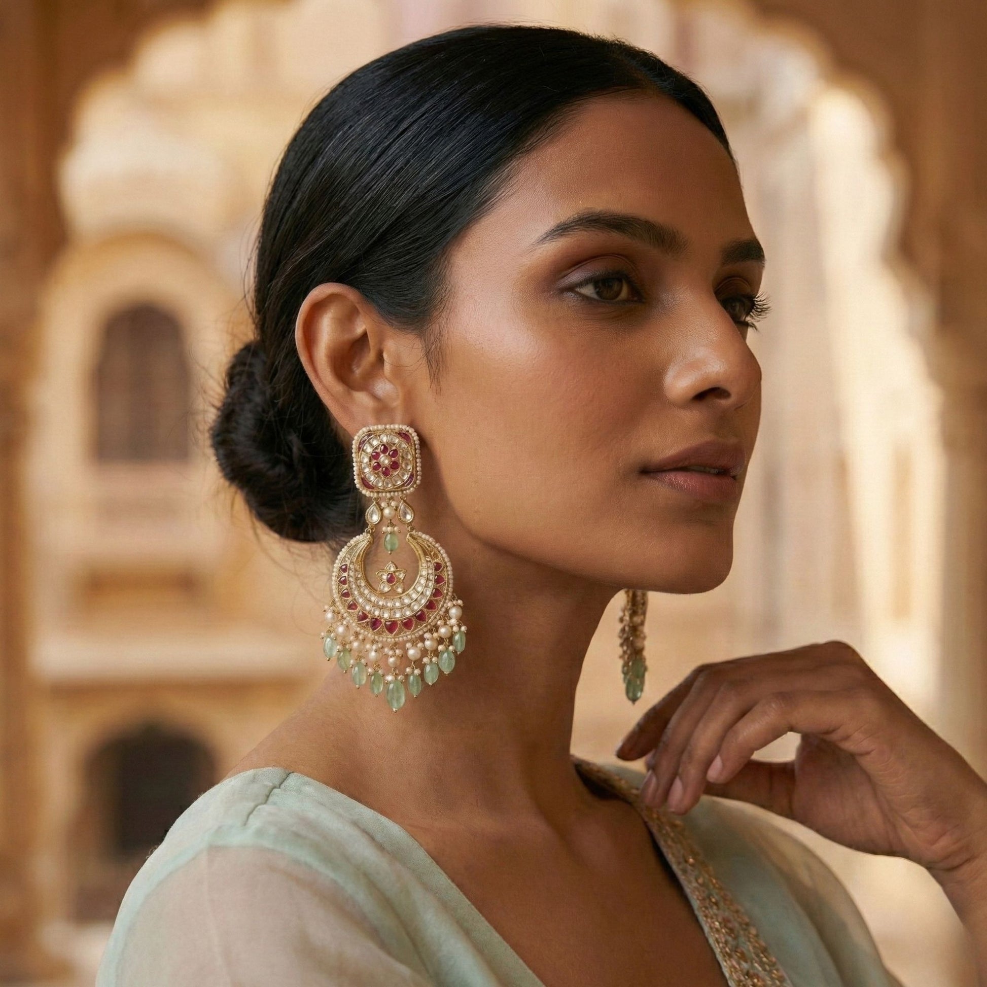 Handcrafted square chaandbaali earrings made in 22KT 916K hallmarked gold featuring 8 carats of certified syndicate Polki with red and green stones, crafted in Rajasthan