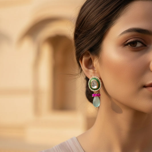 Handcrafted 22kt Gold Uncut Polki Solitaire Earrings with 2 Carat Natural Uncut Diamond Polki and Deep Green Semi Precious Stone