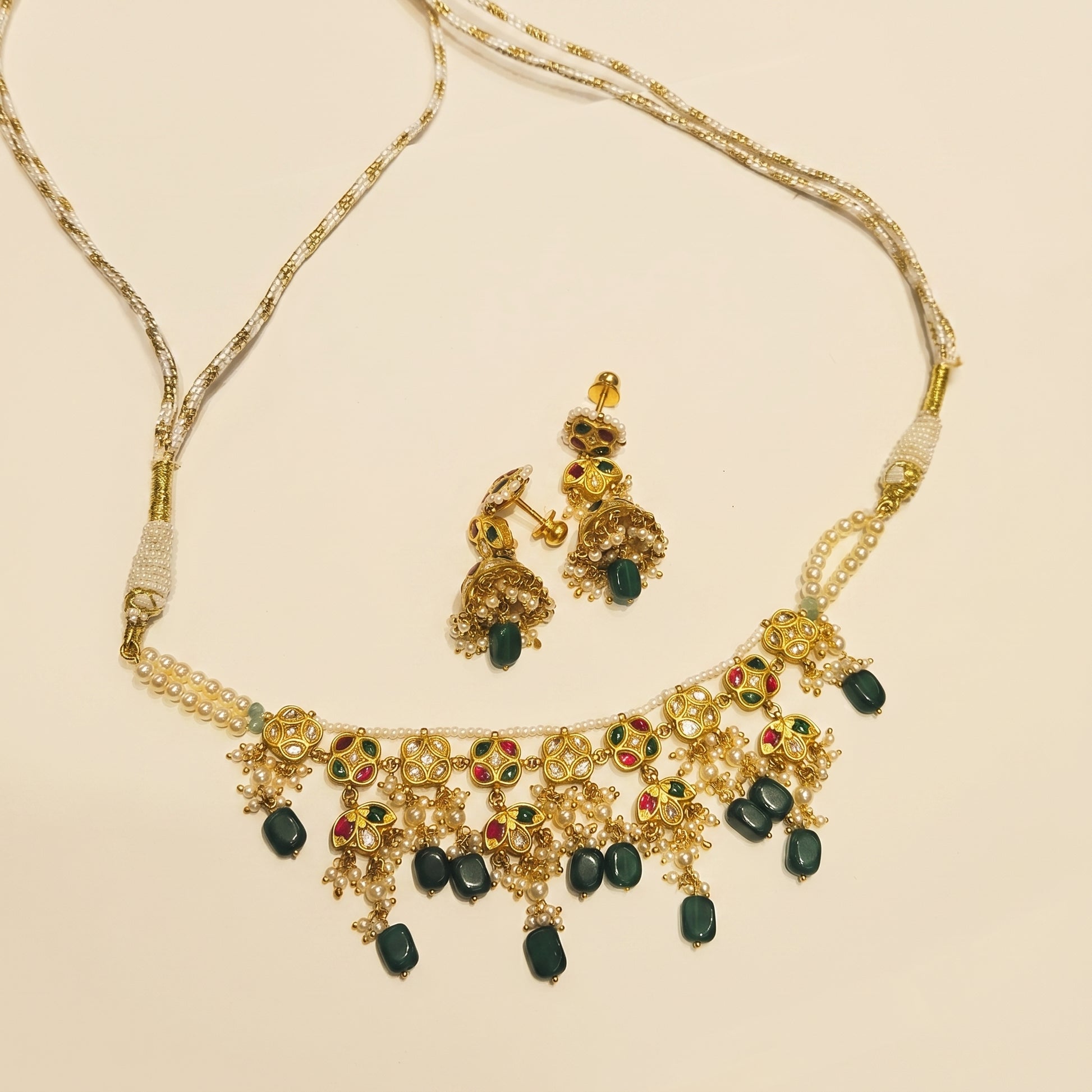 Handcrafted 22kt Gold Multi-Colour Necklace Set with 3 Carat Certified Syndicate Polki and Multi-Colour Semi Precious Stones in Thapa Work