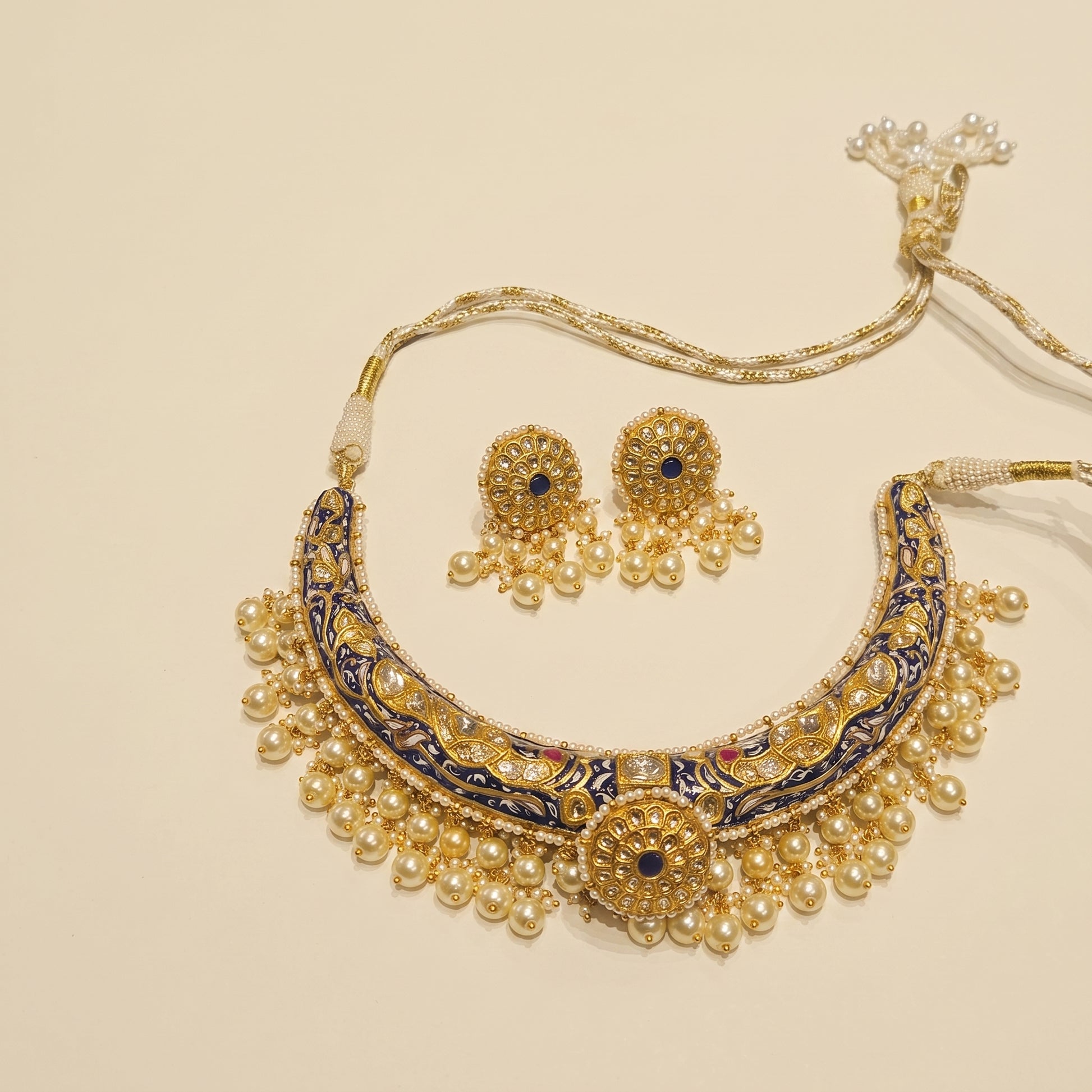 Handcrafted 22kt Gold Blue Meenakari Jadau Hasli Set with 5 Carat Certified Syndicate Polki Jadau Work and Blue Meenakari Enamel in Thapa Work