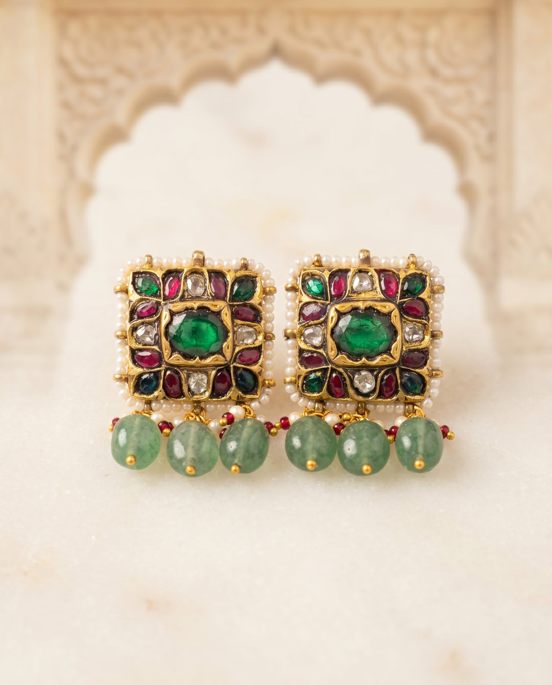 Handcrafted 22kt Gold Pratash Earrings with 2 Carat Certified Syndicate Polki in Thapa Work