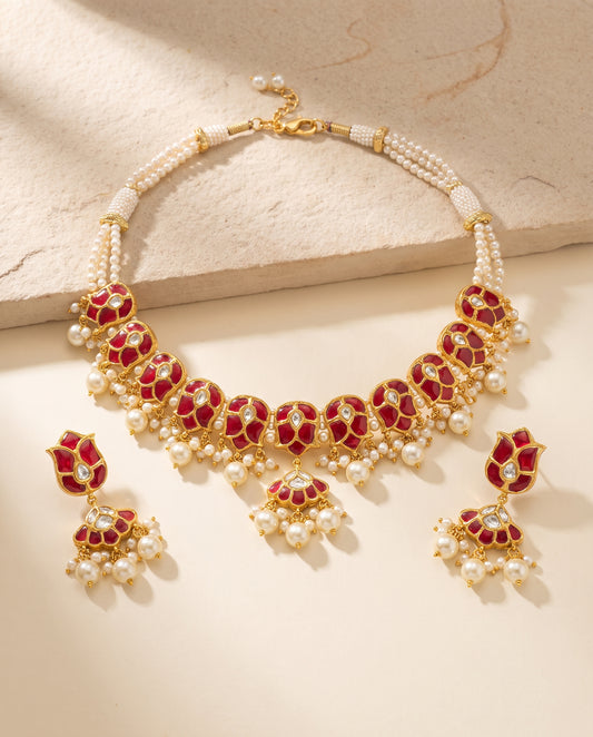Handcrafted 22kt Gold Ruby Red U Necklace Set with 6 Carat Certified Syndicate Polki and Ruby Red Semi Precious Stones in Thapa Work