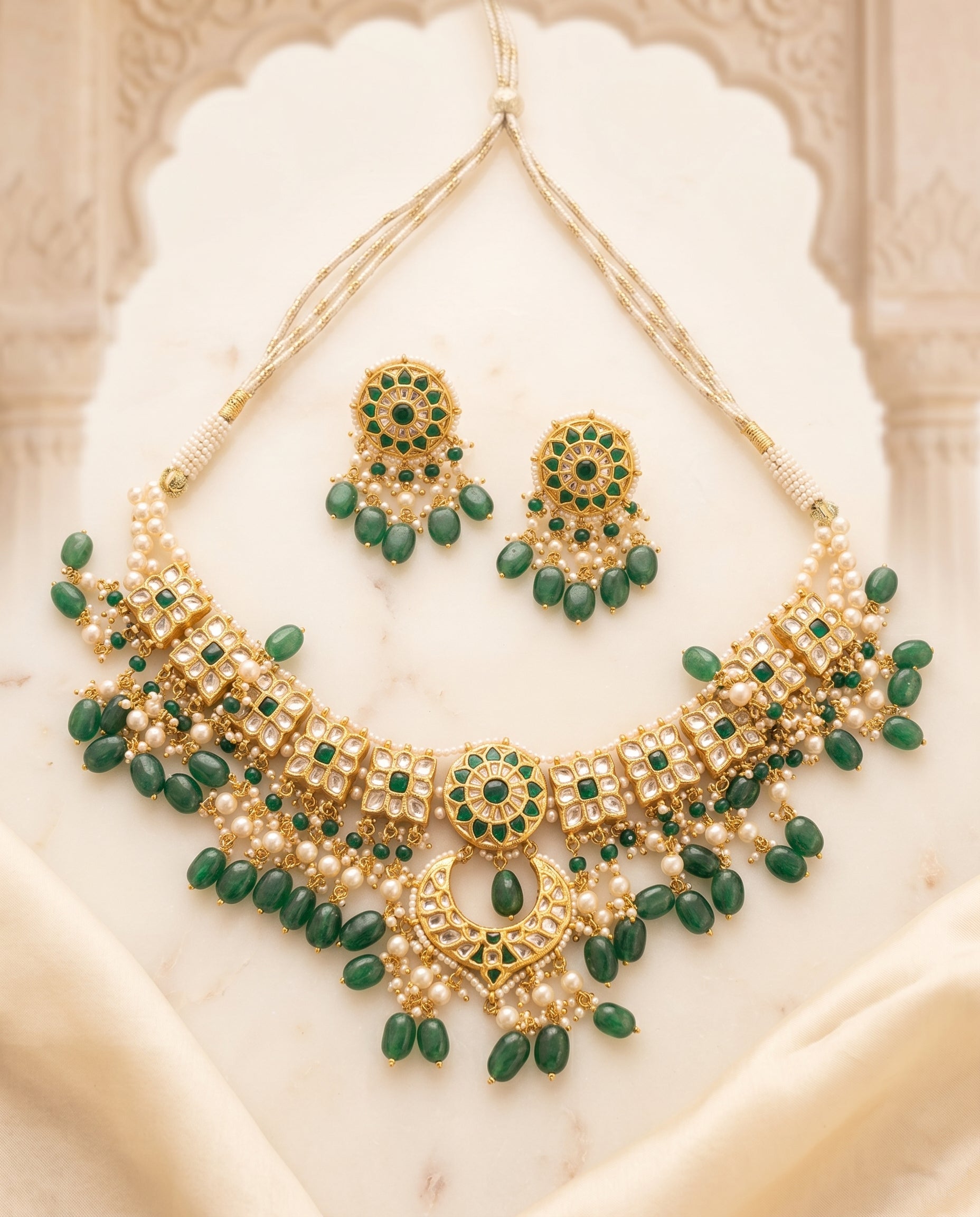 Handcrafted 22kt Gold Green Emerald Set with 5 Carat Certified Syndicate Polki and Emerald Green Semi Precious Stones in Thapa Work
