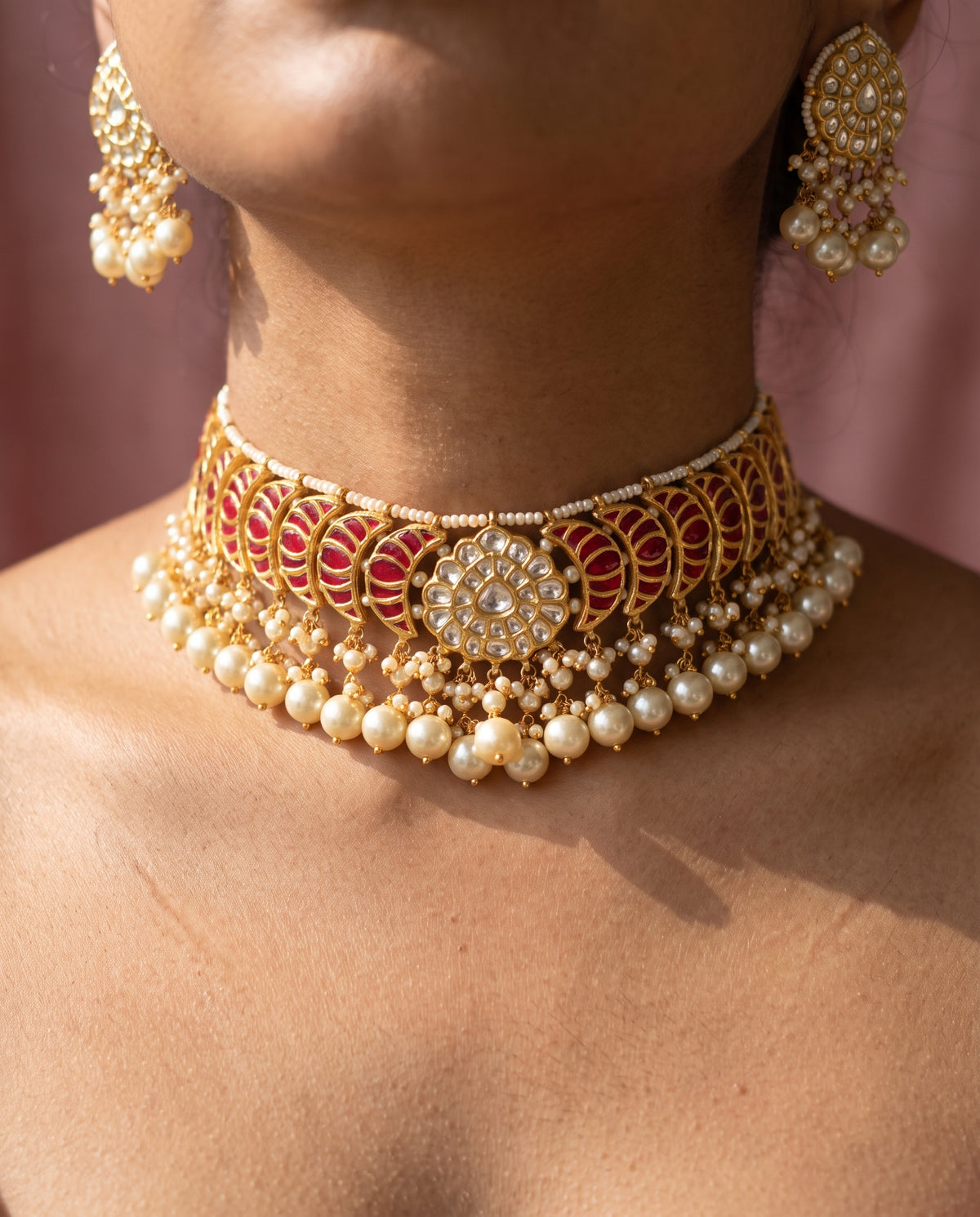 Handcrafted 22kt Gold Ruby Half Moon Choker Set with 12 Carat Certified Syndicate Polki and Ruby Red Semi Precious Stones in Crescent Thapa Work