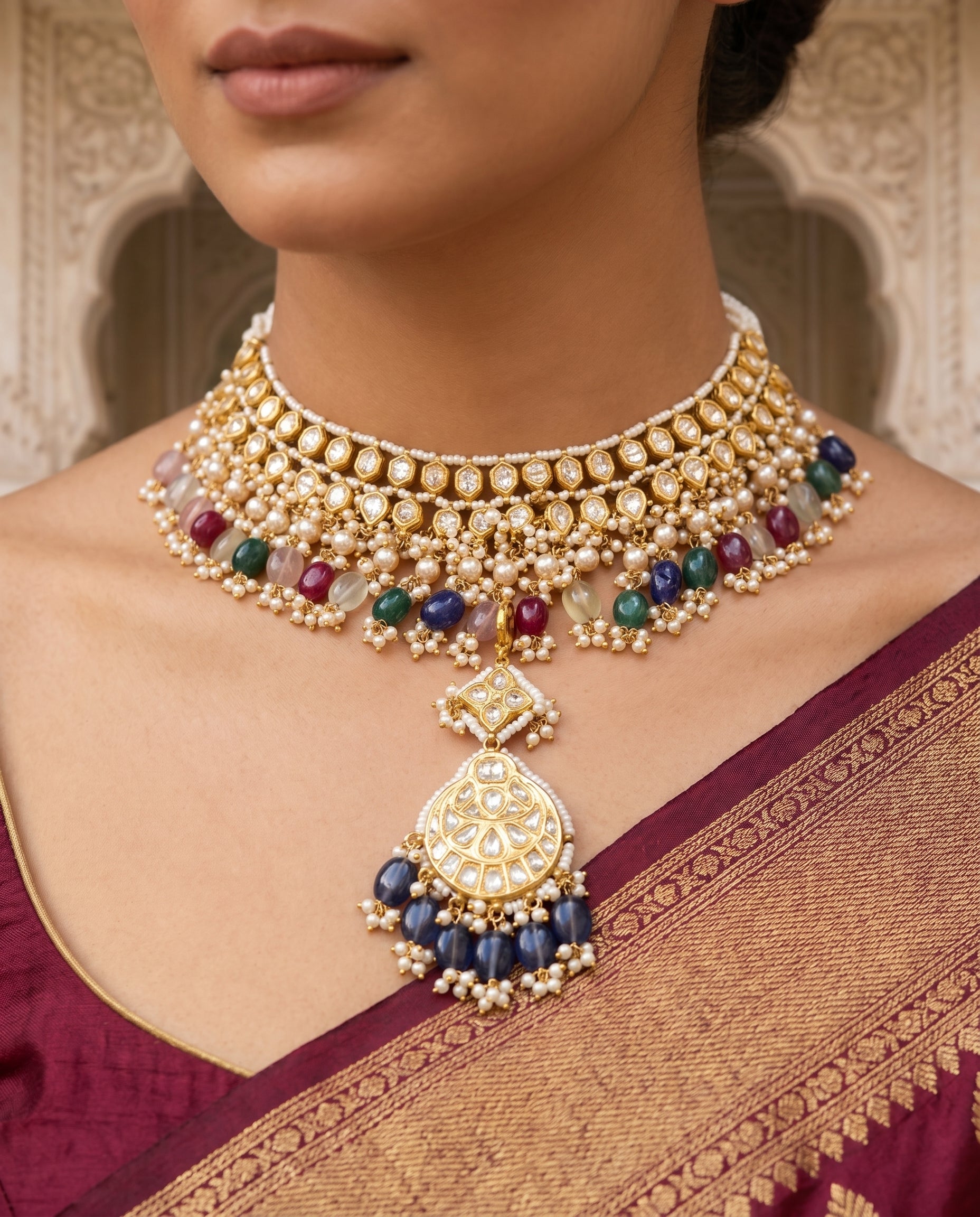 Handcrafted 22kt Gold Double Line Necklace with 8 Carat Certified Syndicate Polki in Two-Row Thapa Work Design
