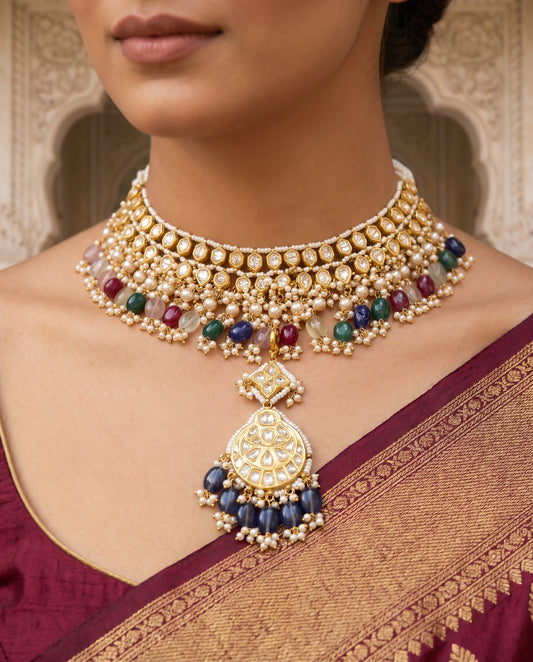 Handcrafted 22kt Gold Double Line Necklace with 8 Carat Certified Syndicate Polki in Two-Row Thapa Work Design