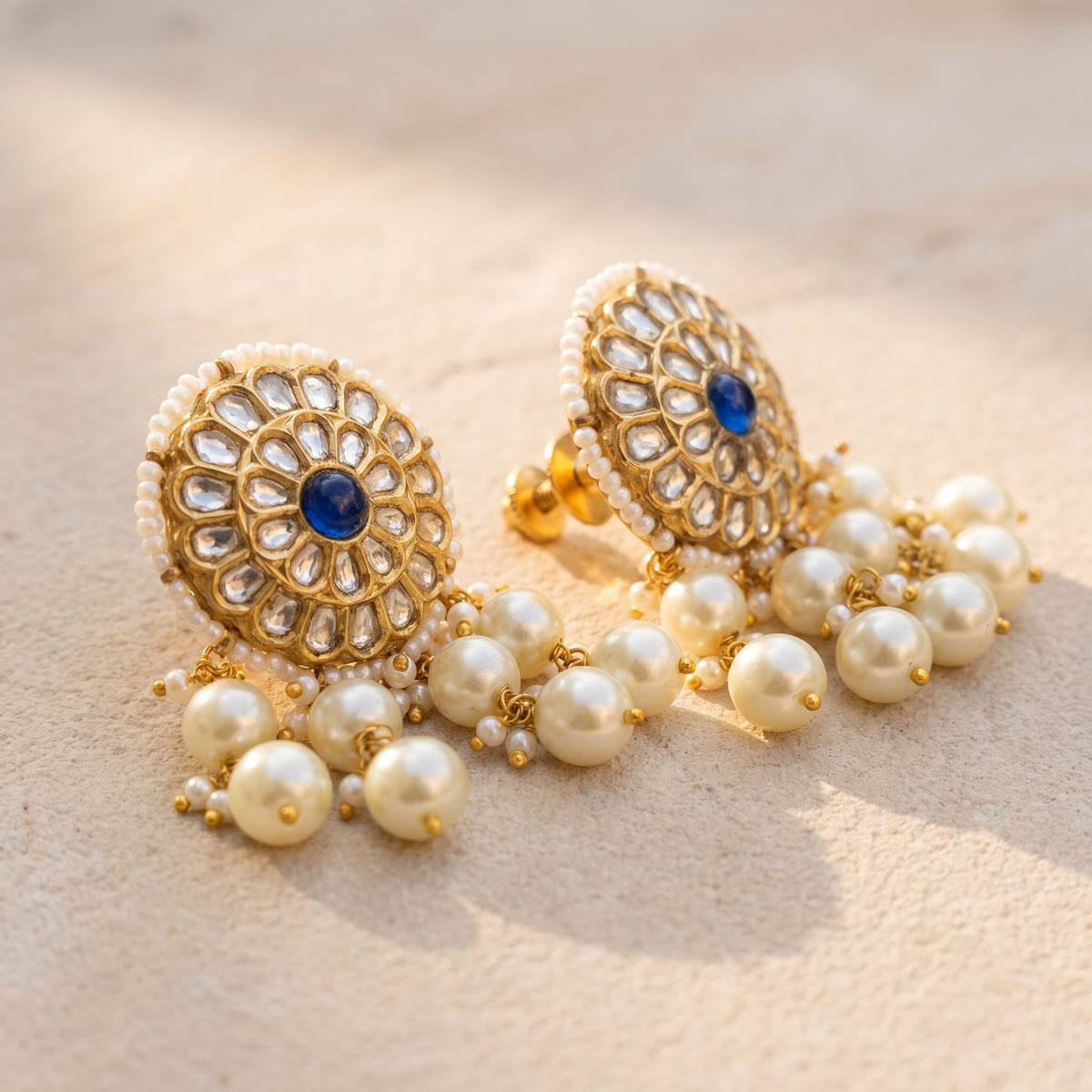 Handcrafted 22kt Gold Blue Studs with 2 Carat Certified Syndicate Polki and Blue Semi Precious Stones in Thapa Work