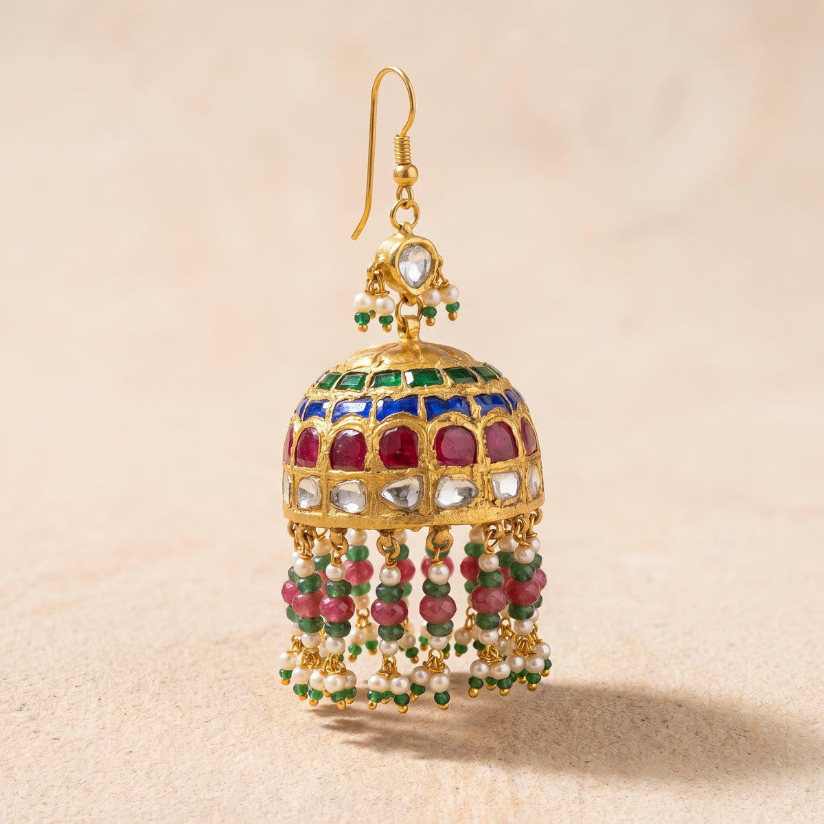 Handcrafted 22kt Gold Multicolour Fishhook Jhumki with 3 Carat Certified Syndicate Polki and Multi-Colour Semi Precious Stones in Thapa Work