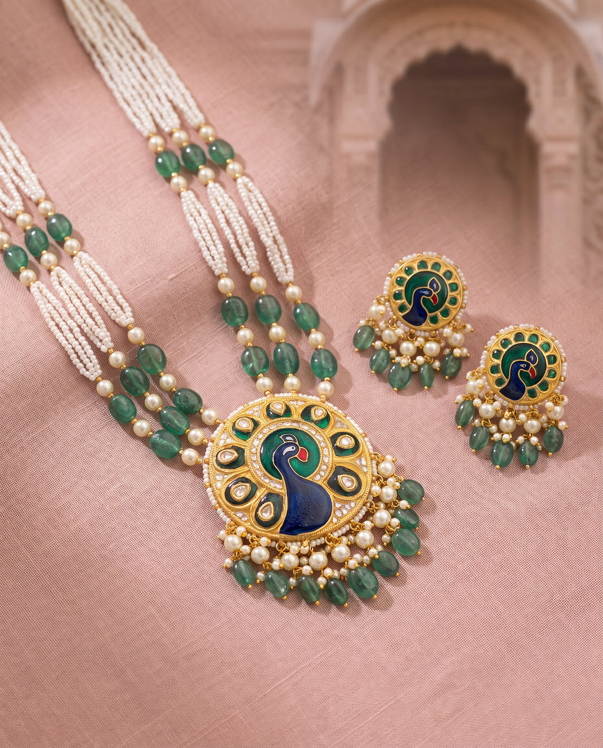 Handcrafted 22kt Gold Peacock Set with 4 Carat Certified Syndicate Polki in Peacock Motif Thapa Work