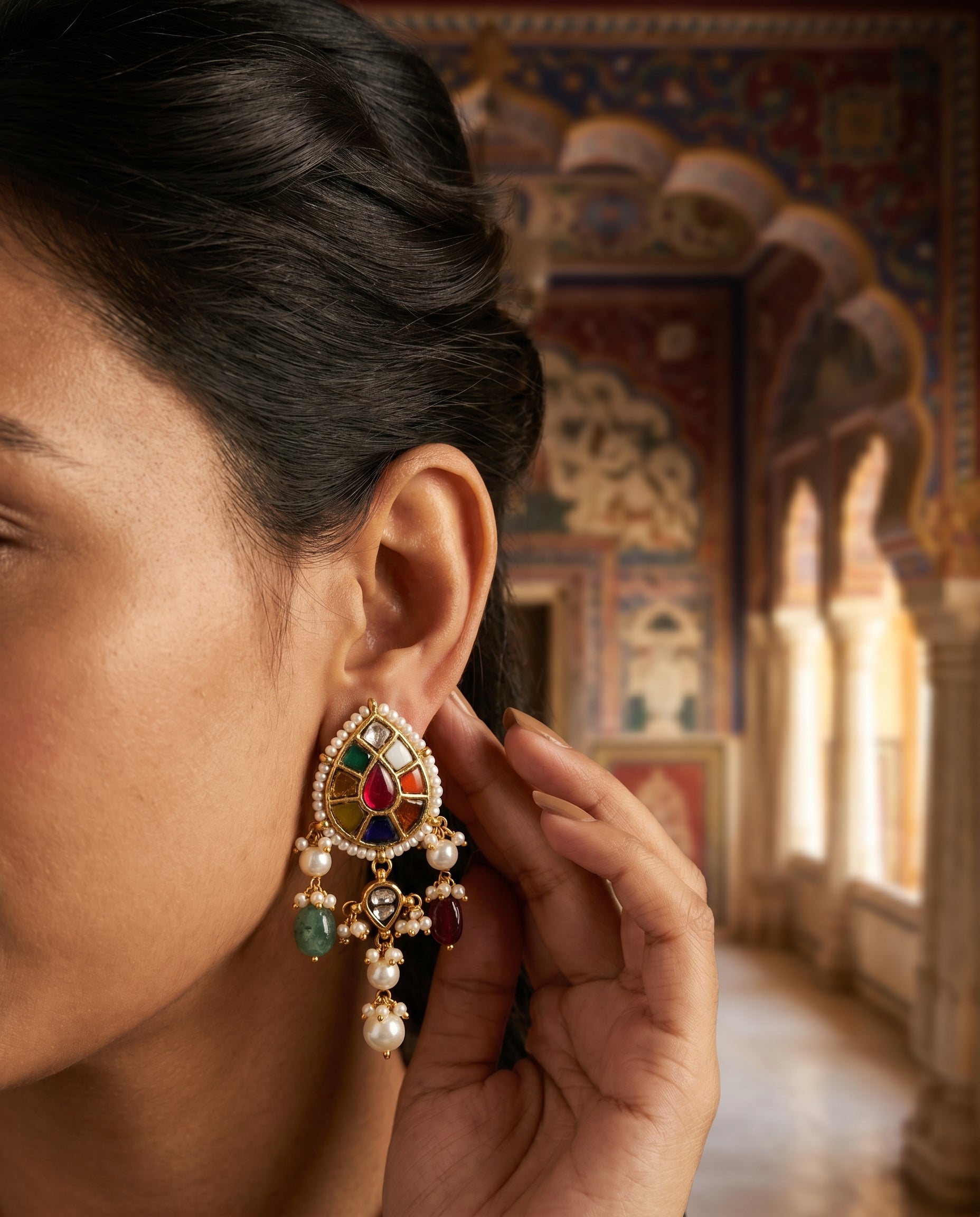 Jharoka Diamond navaratan studs with danglers | Vama Gears