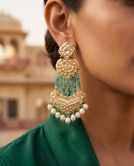 Handcrafted 22kt Gold Three Layer Chandbali Earrings with 5 Carat Certified Syndicate Polki and Green Bead Drops in Cascading Crescent Thapa Work