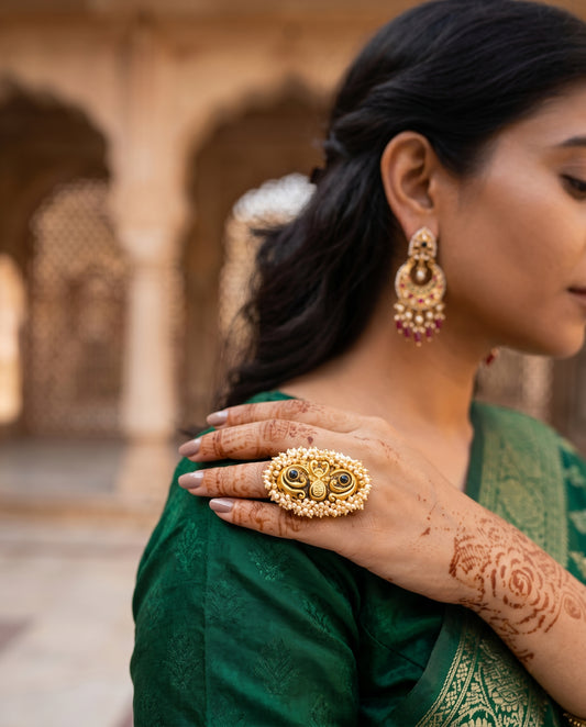 Handcrafted 22kt Gold Temple Flower Ring with 2 Carat Certified Syndicate Polki in Temple Floral Thapa Work