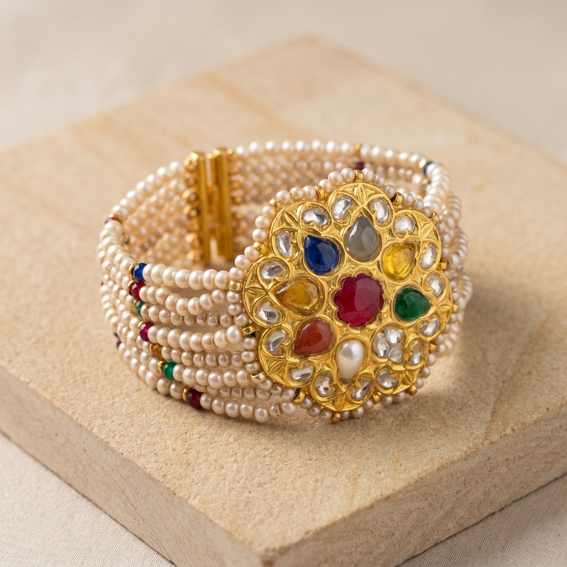 Handcrafted 22kt Gold Navratan Bracelet with 2 Carat Certified Syndicate Polki and Multi-Colour Semi Precious Stones in Thapa Work