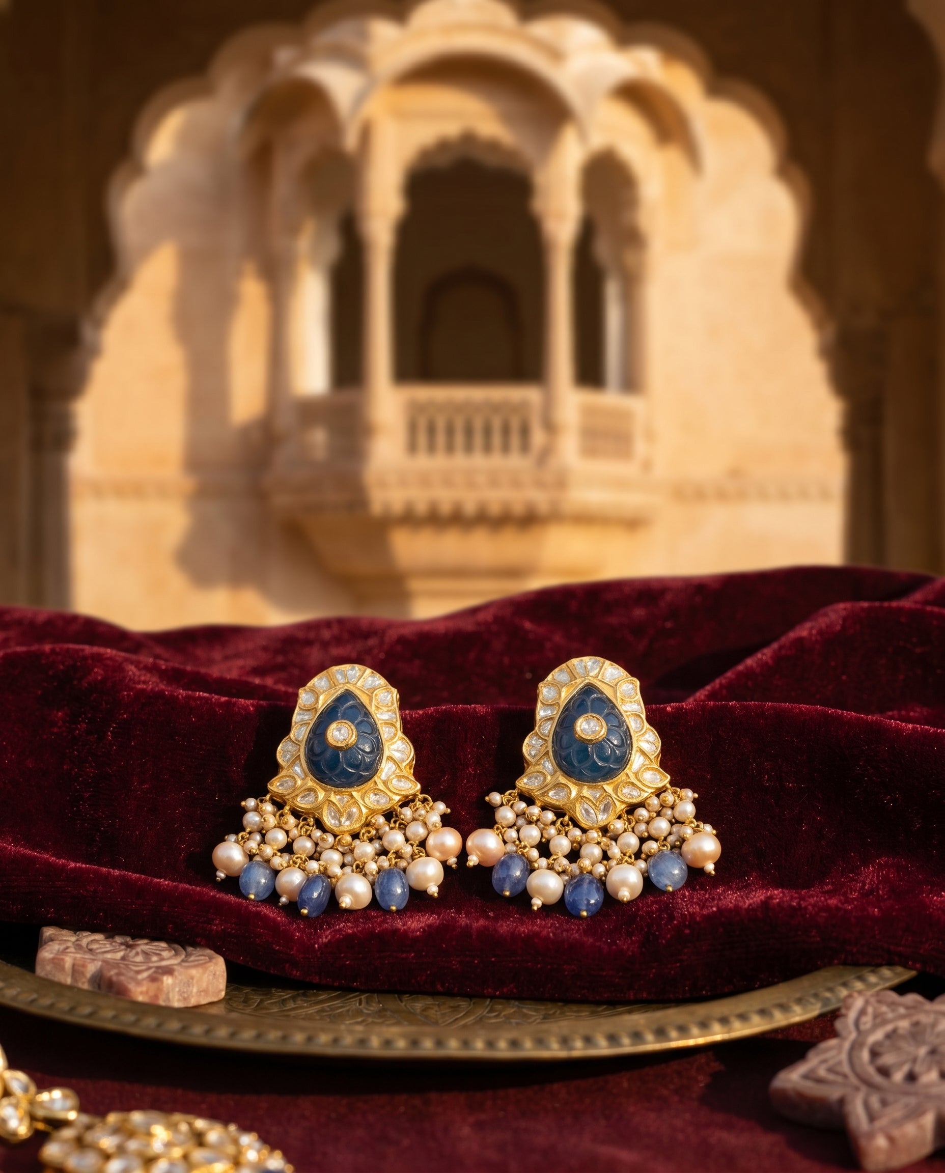 Jharoka Polki blue stone earrings | Vama Gears