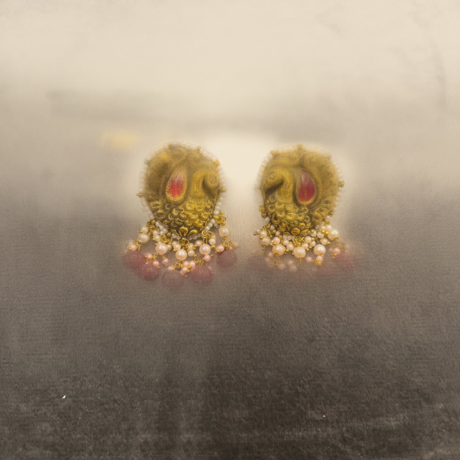 Handcrafted 22kt Gold Peacock Temple Earrings with Certified Syndicate Polki in Peacock and Temple Motif Jhumki Thapa Work