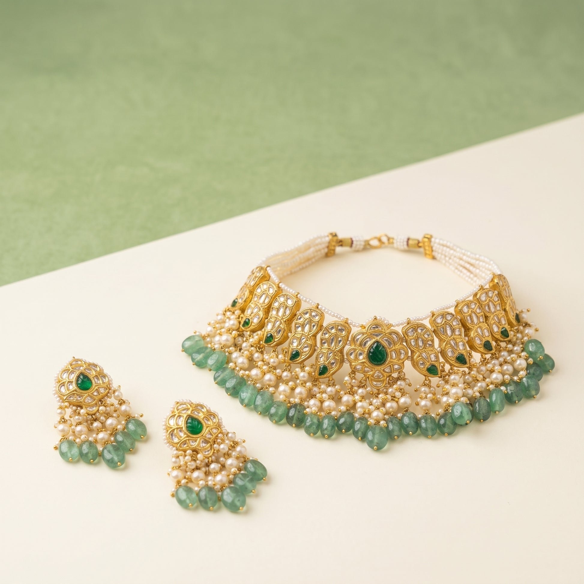 Handcrafted 22kt Gold Green Drop Set with 5 Carat Certified Syndicate Polki and Green Semi Precious Stone Drops in Thapa Work