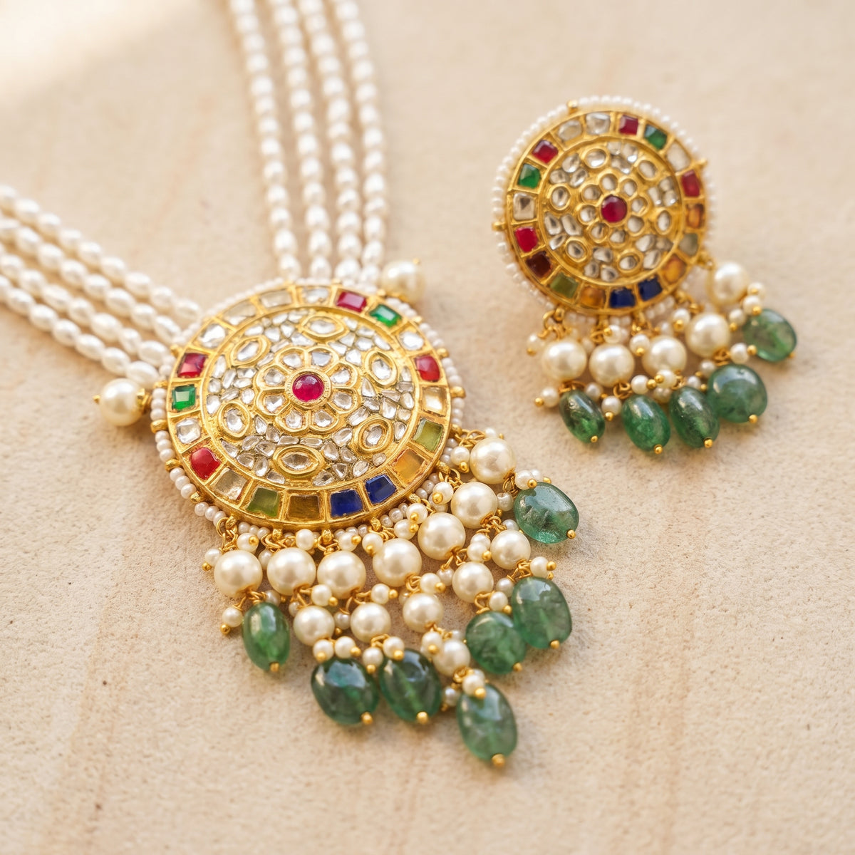 Handcrafted 22kt Gold Navratan Pendant Set with 5 Carat Certified Syndicate Polki and Multi-Colour Semi Precious Stones in Thapa Work