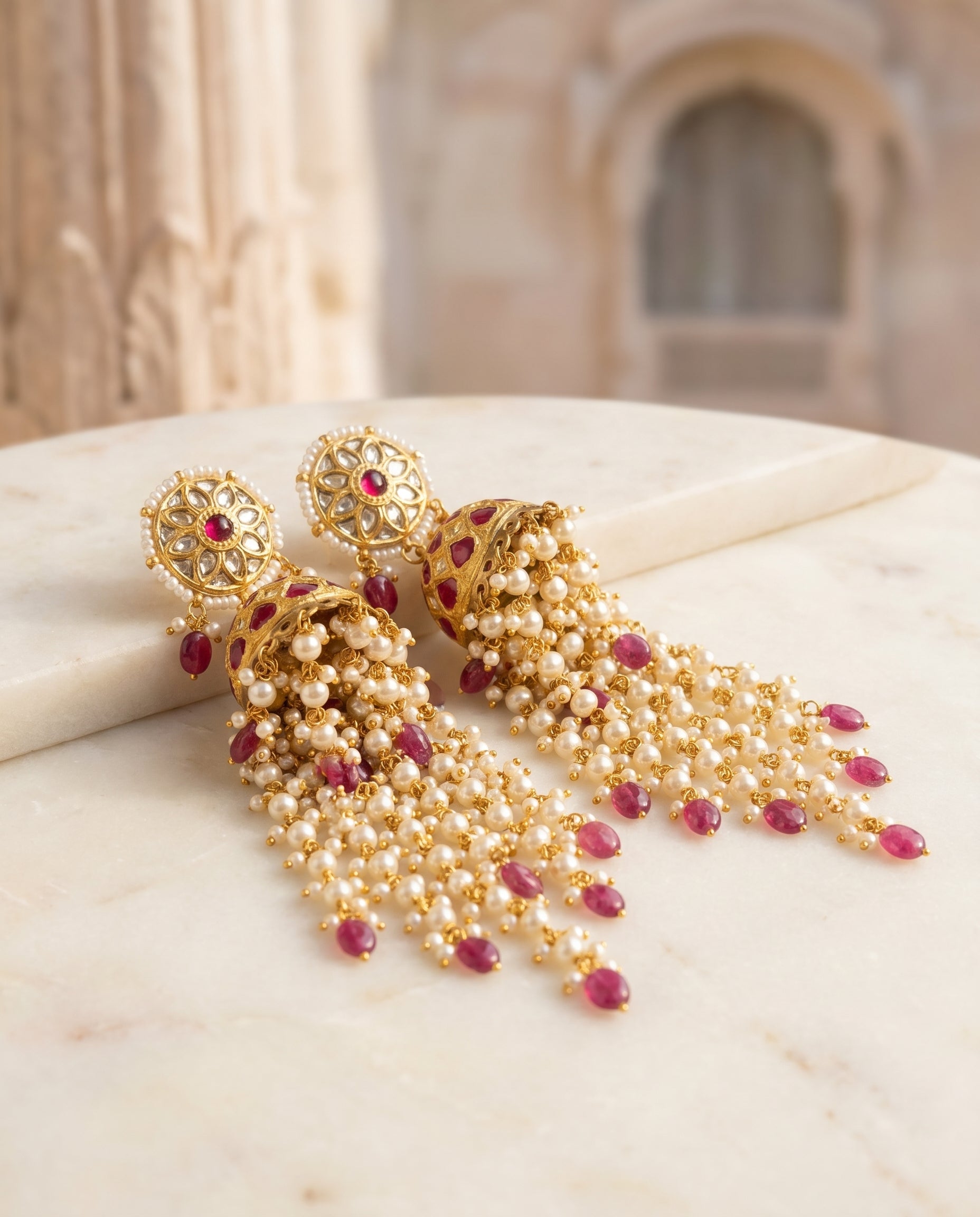 Jharoka Pink waterfall long jhumkis | Vama Gears
