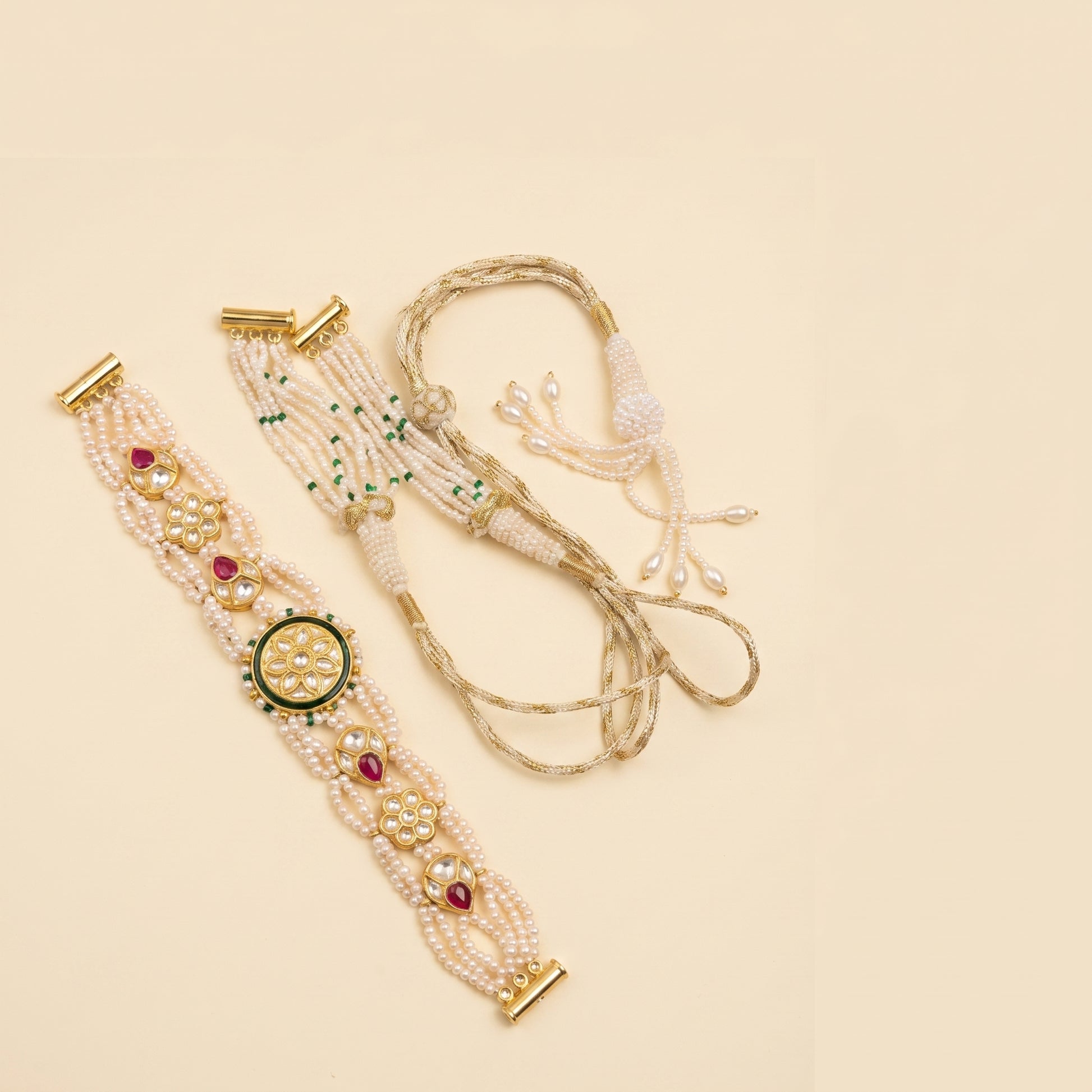 Jharoka Pink green leaf bracelet | Vama Gears