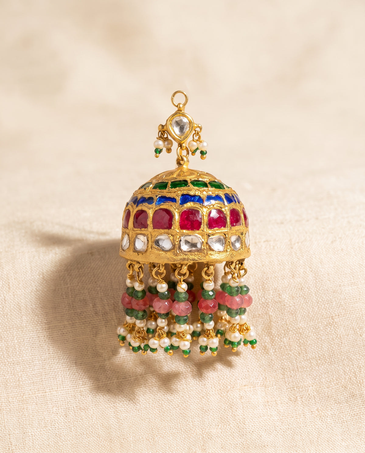 Handcrafted 22kt Gold Multicolour Fishhook Jhumki with 3 Carat Certified Syndicate Polki and Multi-Colour Semi Precious Stones in Thapa Work