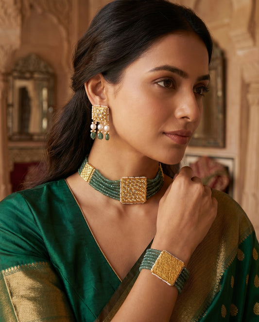 Jharoka Green bracelet cum choker set | Vama Gears