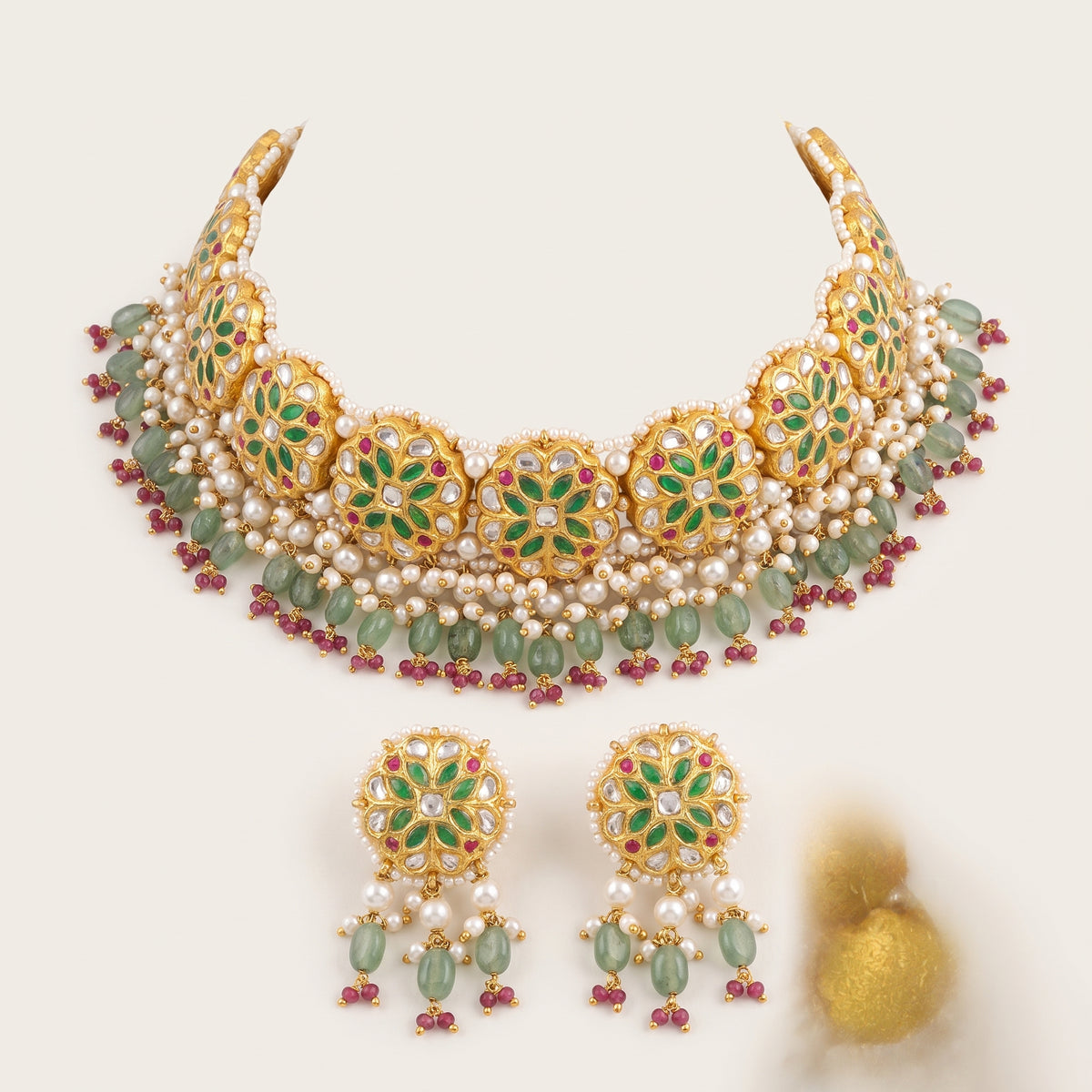 Handcrafted 22kt Gold Harit Green Choker Set with 7 Carat Certified Syndicate Polki and Green Semi Precious Stones in Lightweight Gold Sheet Work