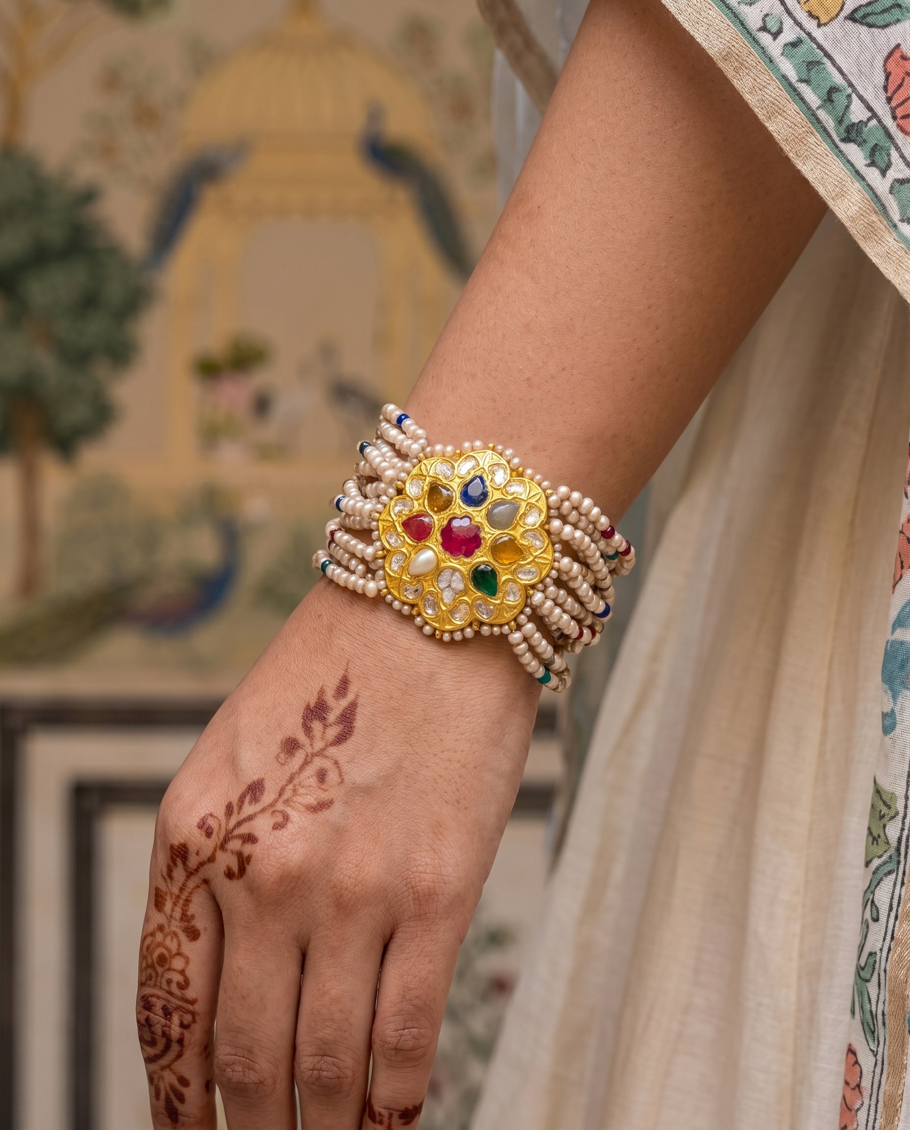 Handcrafted 22kt Gold Navratan Bracelet with 2 Carat Certified Syndicate Polki and Multi-Colour Semi Precious Stones in Thapa Work