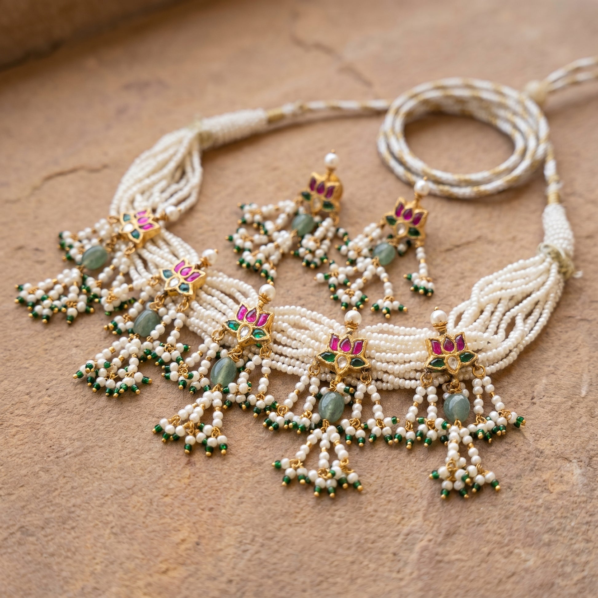 Jharoka Lotus pink pearl choker set | Vama Gears