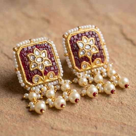 Jharoka Red square flower earrings | Vama Gears