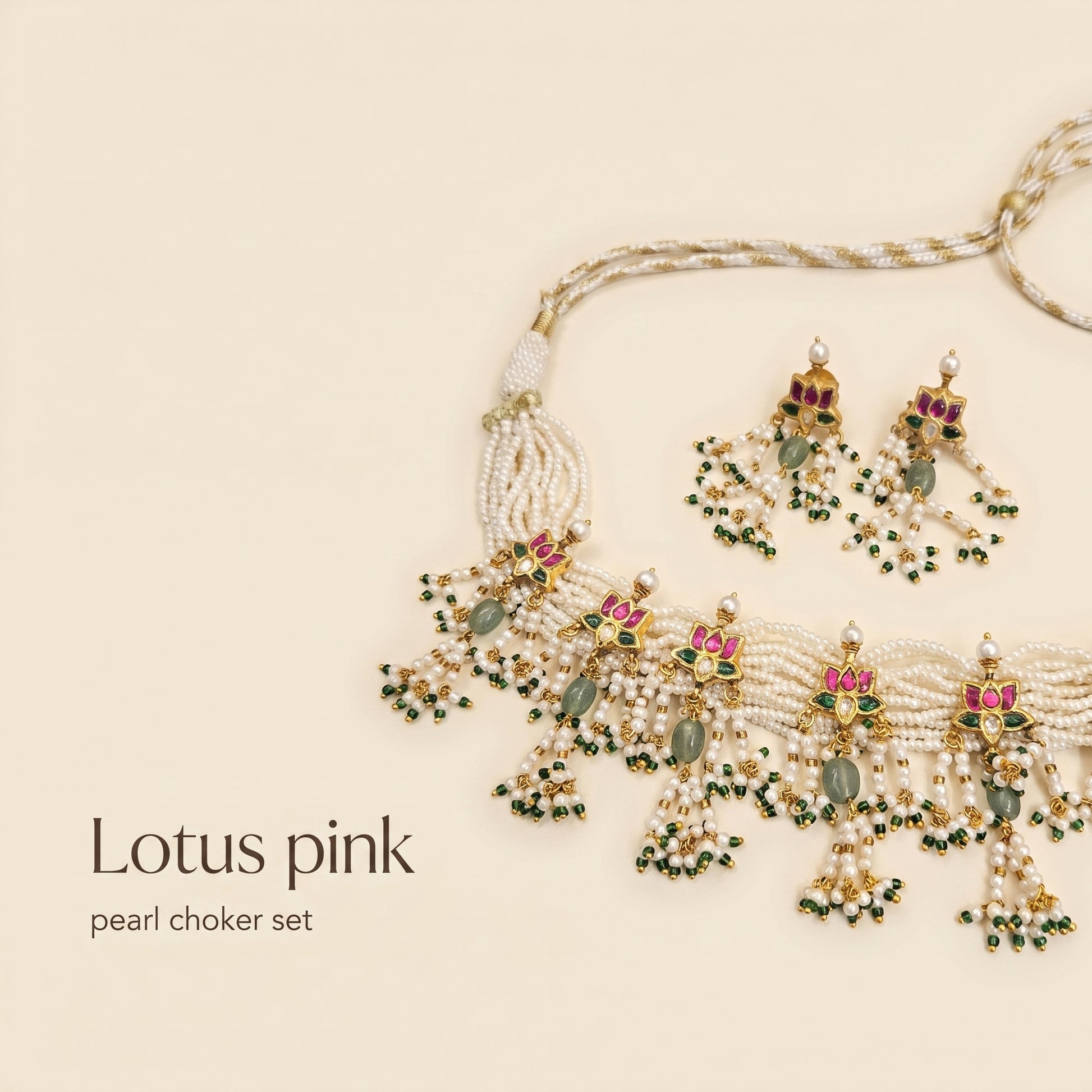 Jharoka Lotus pink pearl choker set | Vama Gears