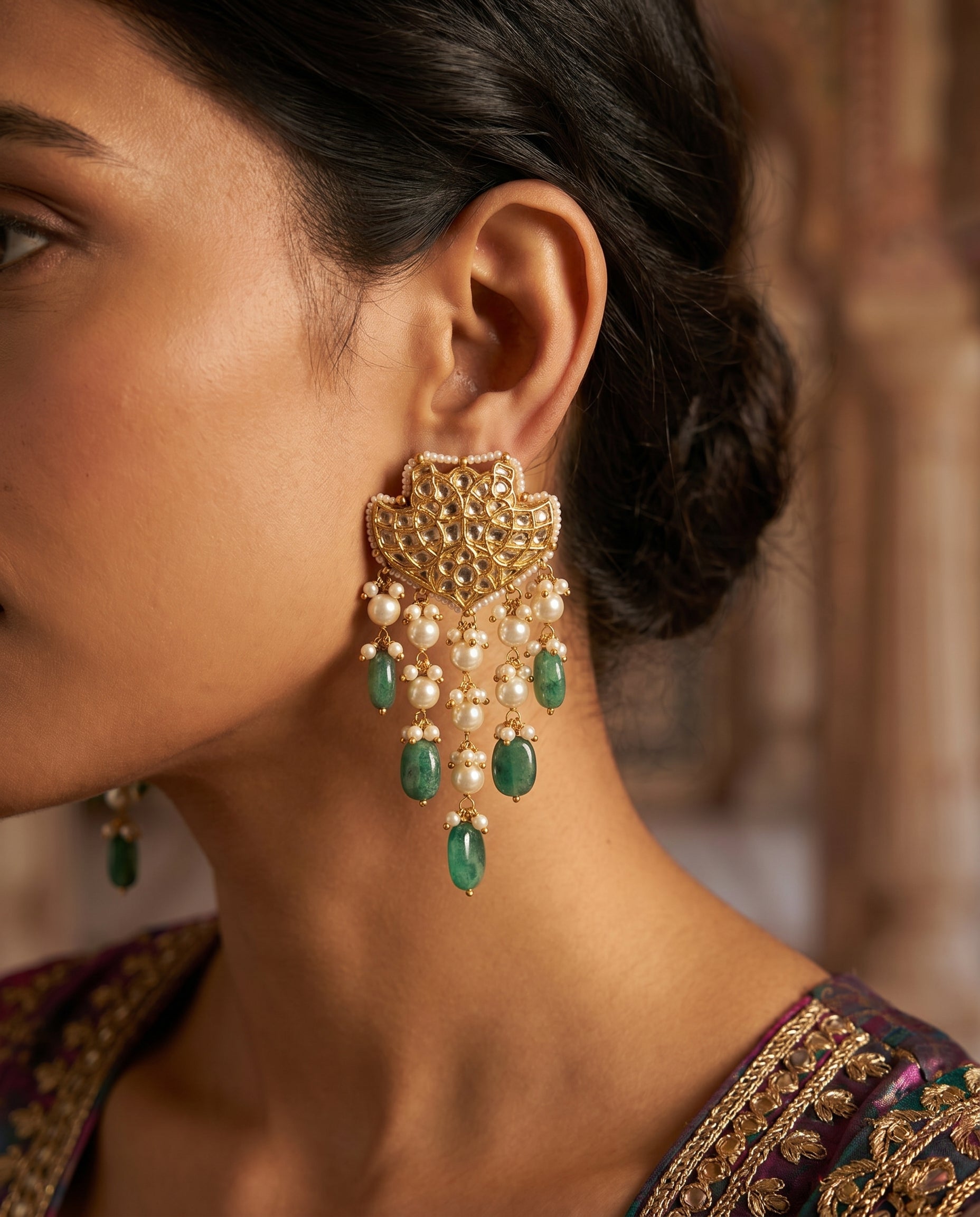 Jharoka Flower dangler earrings green | Vama Gears