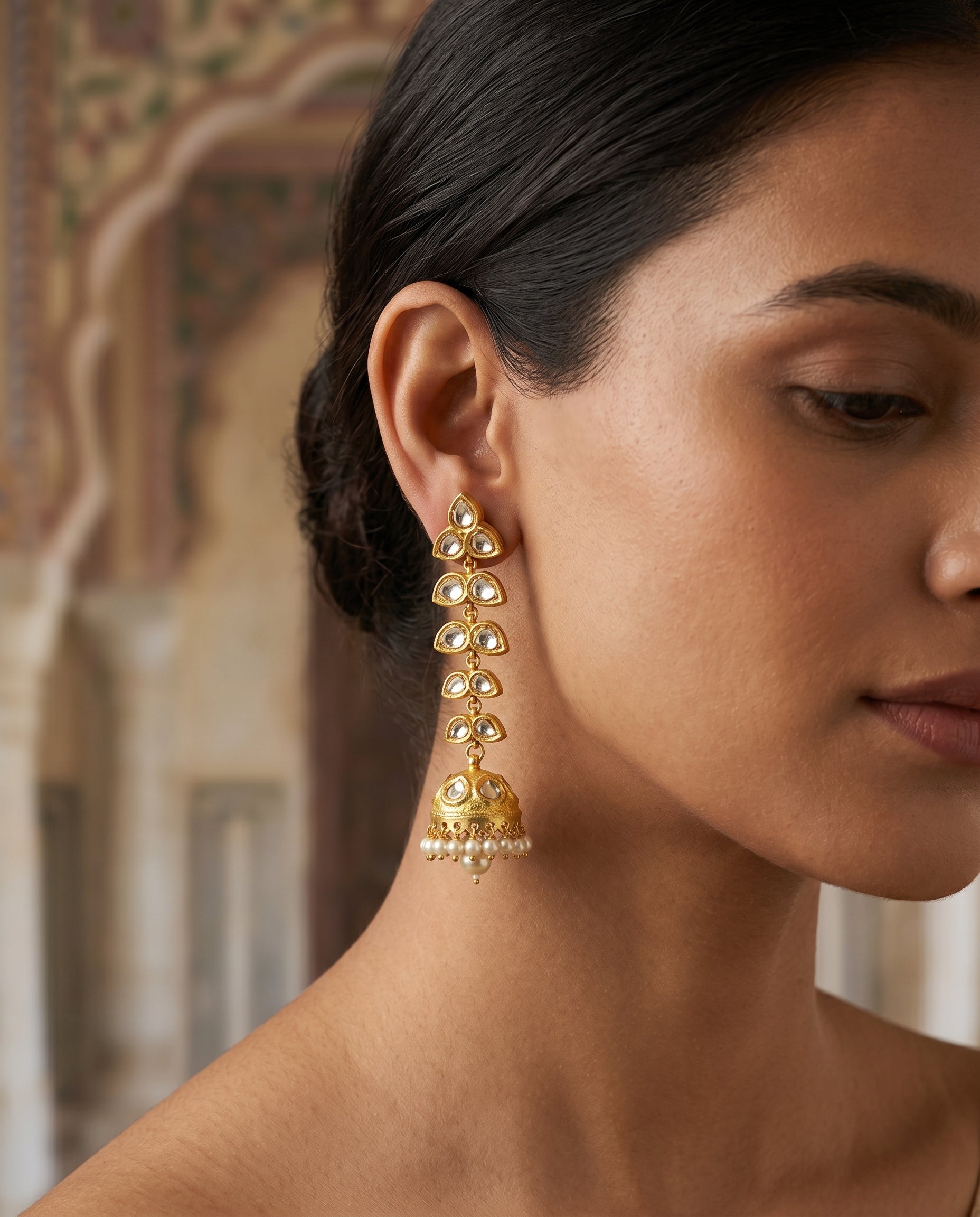 Handcrafted 22kt Gold Leaf Petal Jhumkas with 3 Carat Certified Syndicate Polki in Leaf Form Thapa Work