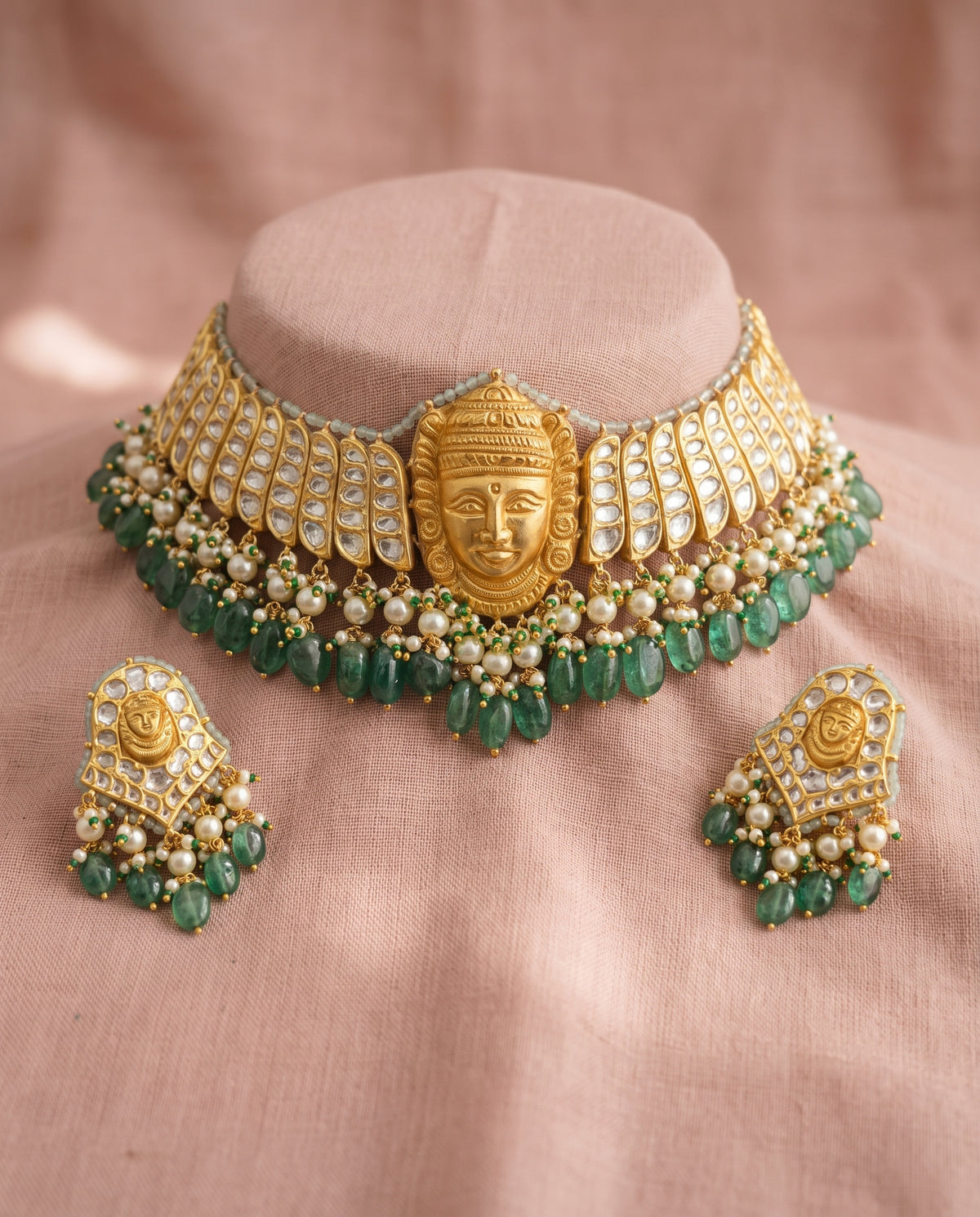 Handcrafted 22kt Gold Temple Choker Set with 10 Carat Certified Syndicate Polki in Temple Motif Thapa Work