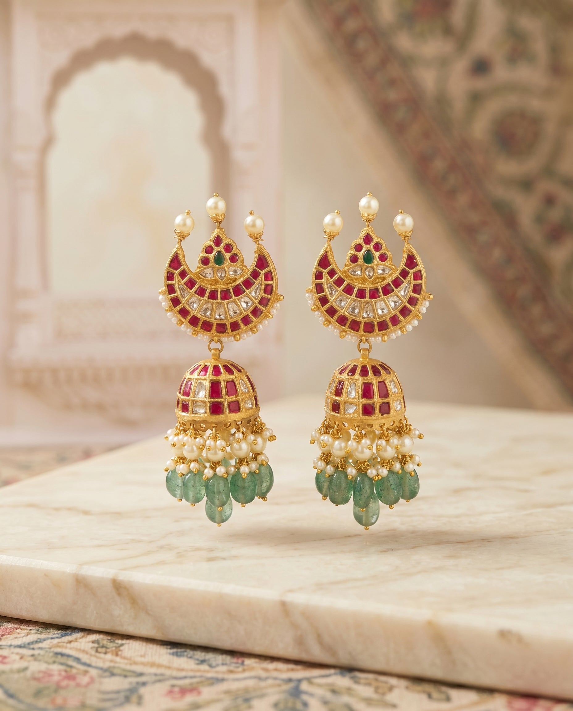 Handcrafted 22kt Gold Chand Jhumkas with Crescent Moon Top 4 Carat Certified Syndicate Polki in Thapa Work