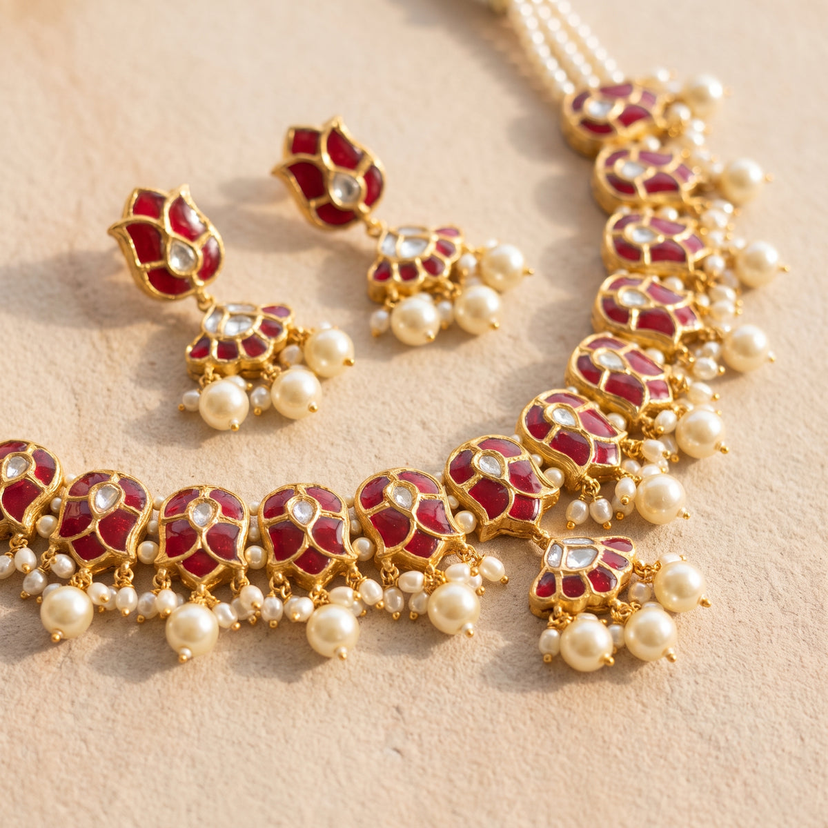 Handcrafted 22kt Gold Ruby Red U Necklace Set with 6 Carat Certified Syndicate Polki and Ruby Red Semi Precious Stones in Thapa Work