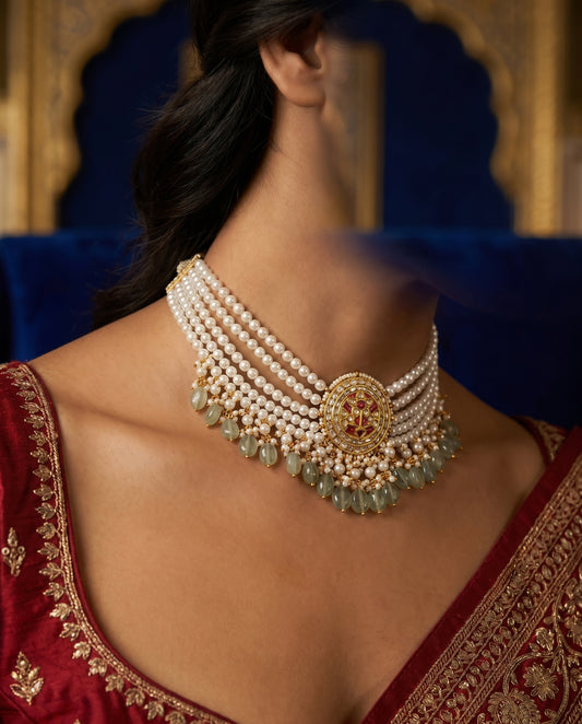 Jharoka Red pearl choker | Vama Gears