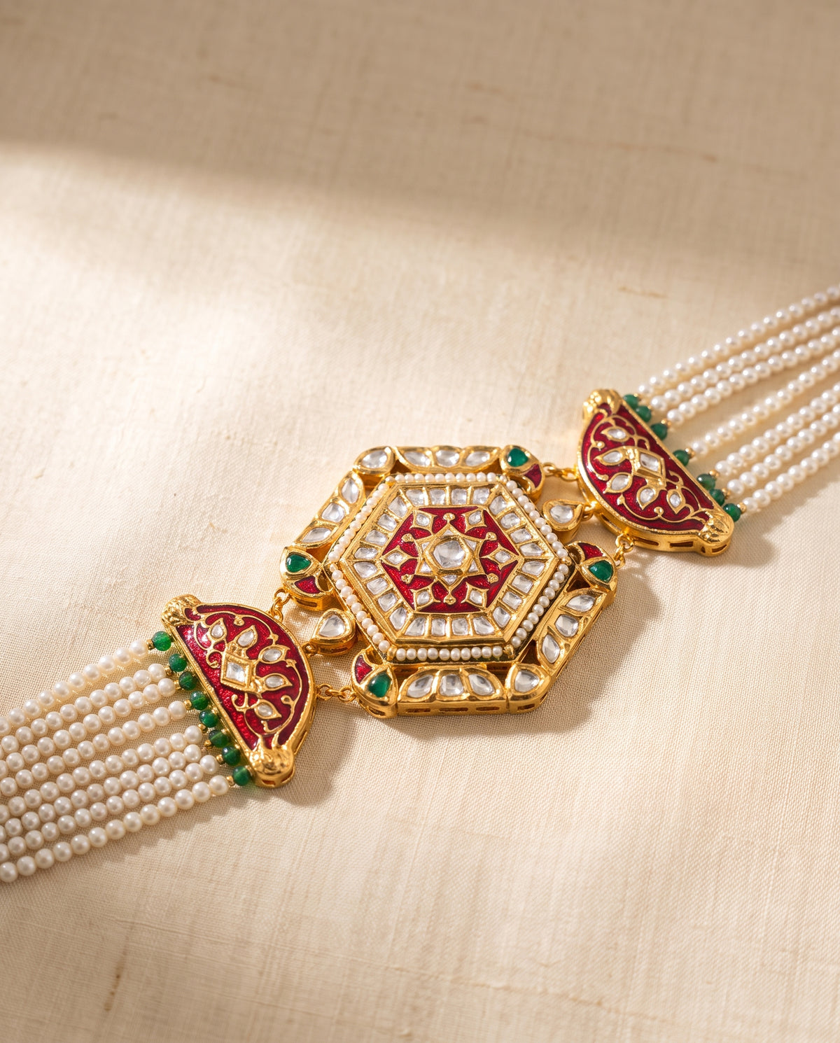 Handcrafted 22kt Gold Red Meenakari Choker Set with 5 Carat Certified Syndicate Polki and Red Meenakari Enamel Work in Thapa Work
