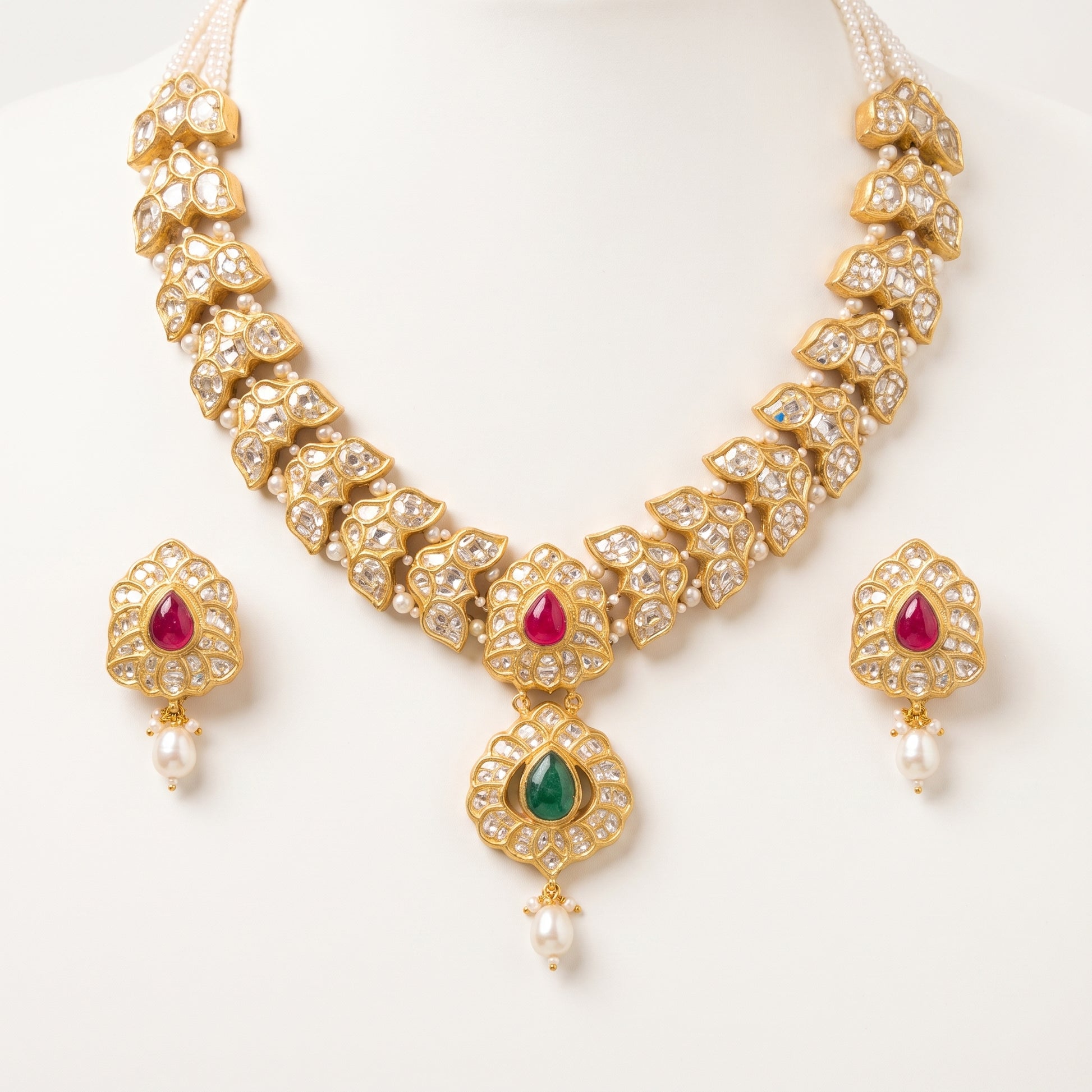 Handcrafted 22kt Gold Jakarti Necklace Set with Pendant and 7 Carat Certified Syndicate Polki in Thapa Work