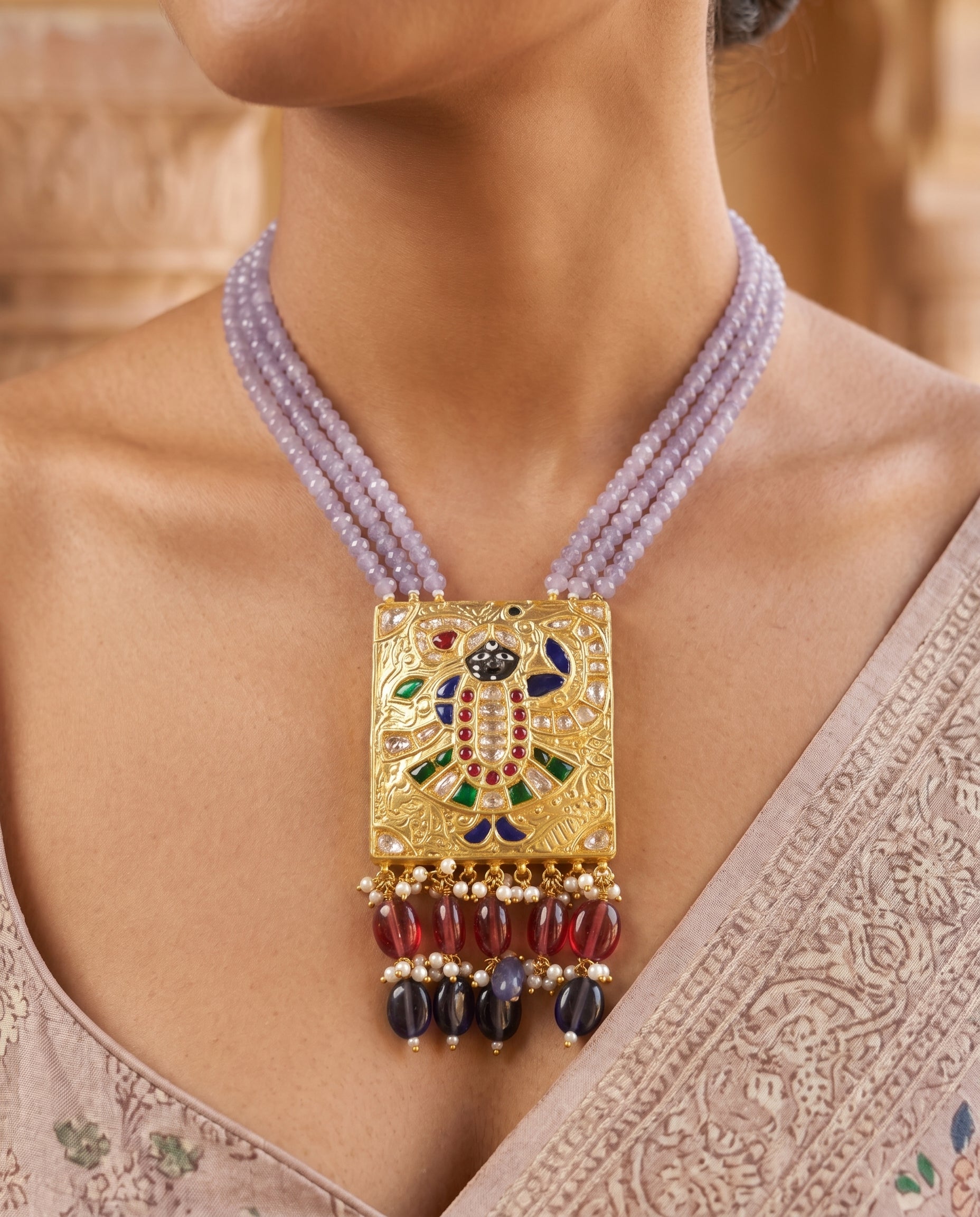 Handcrafted 22kt Gold Shreenathji Pendant with 3 Carat Certified Syndicate Polki in Devotional Thapa Work