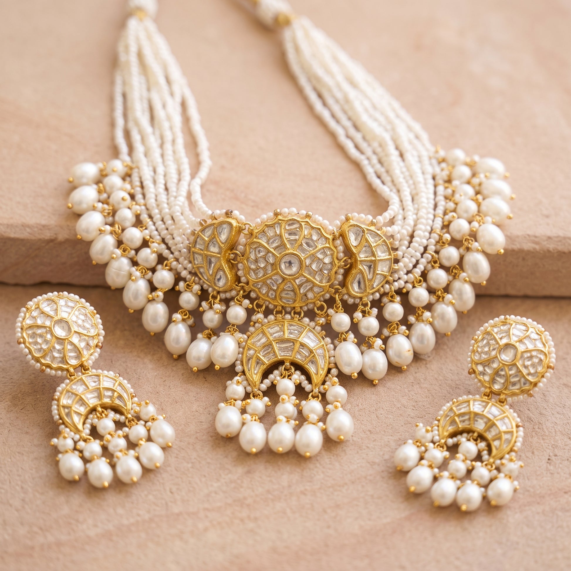 Handcrafted 22kt Gold Round Chand Pearl Choker Set with 5 Carat Certified Syndicate Polki Crescent Motifs and Pearls in Thapa Work