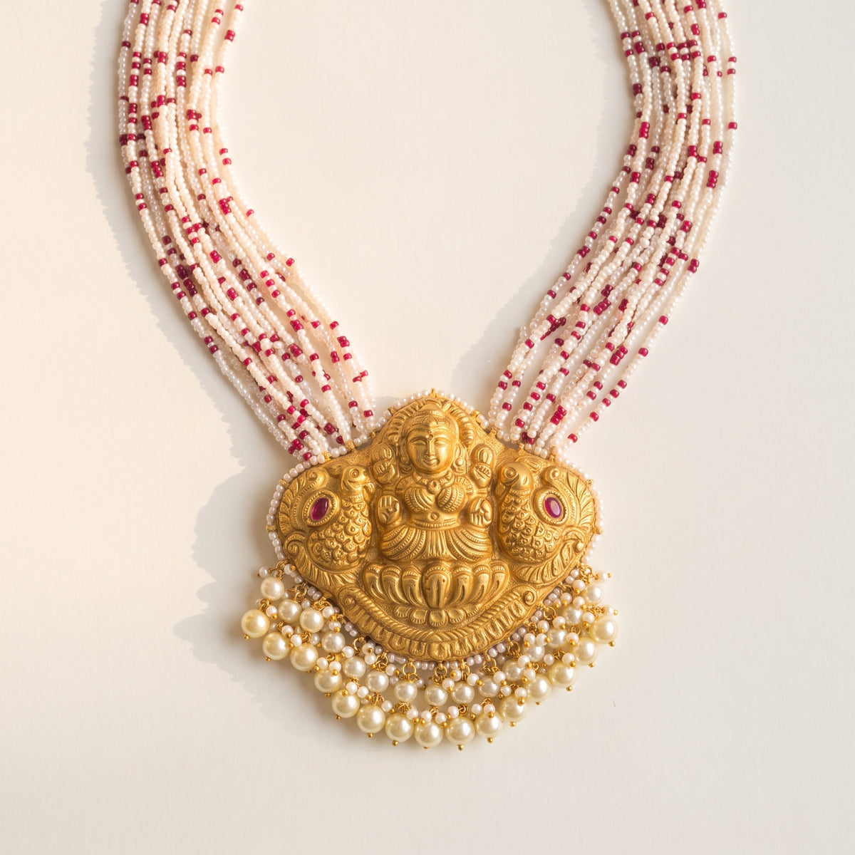 Handcrafted 22kt Gold Lakshmi Pendant with Goddess Lakshmi Motif and Certified Syndicate Polki in Devotional Thapa Work