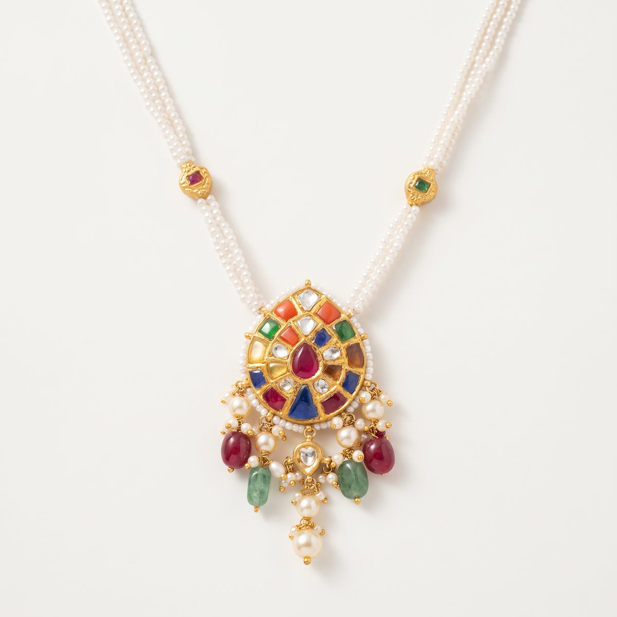 Handcrafted 22kt Gold Oval Navratan Pendant with 2 Carat Certified Syndicate Polki and Multi-Colour Semi Precious Stones in Thapa Work
