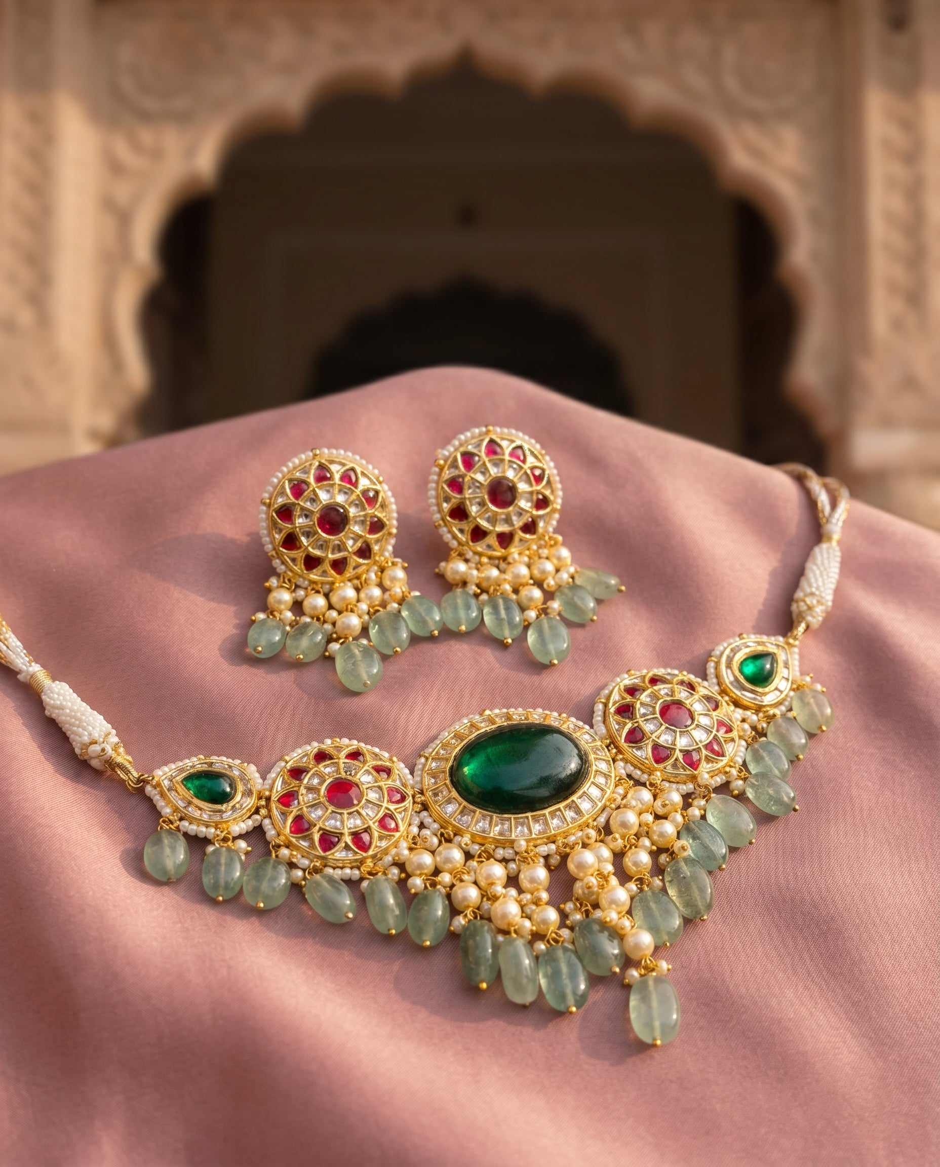 Jharoka Green small choker set | Vama Gears