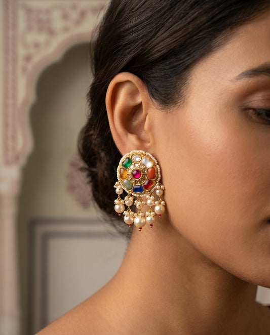 Handcrafted 22kt Gold Big Navratan Studs with 4 Carat Certified Syndicate Polki and Multi-Colour Semi Precious Stones in Thapa Work