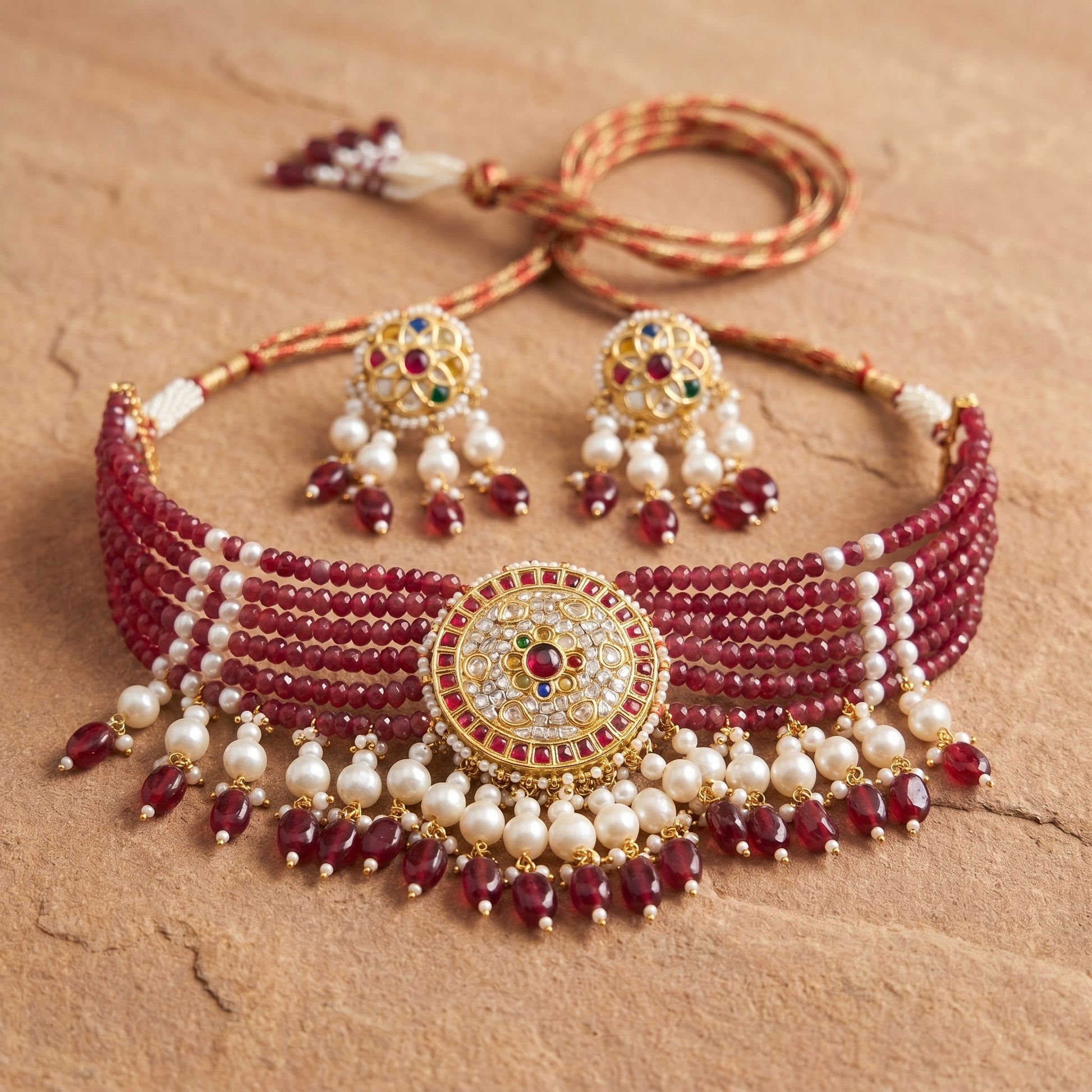 Jharoka Red navaratan choker | Vama Gears