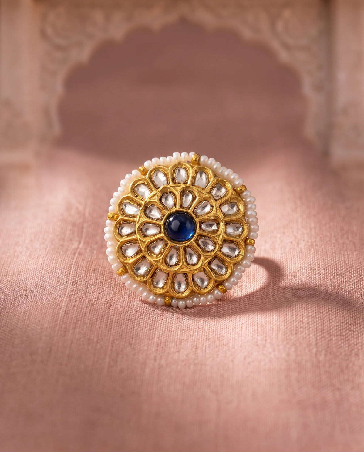 Handcrafted 22kt Gold Blue Meenakari Ring with Certified Syndicate Polki and Blue Meenakari Enamel Work in Thapa Work