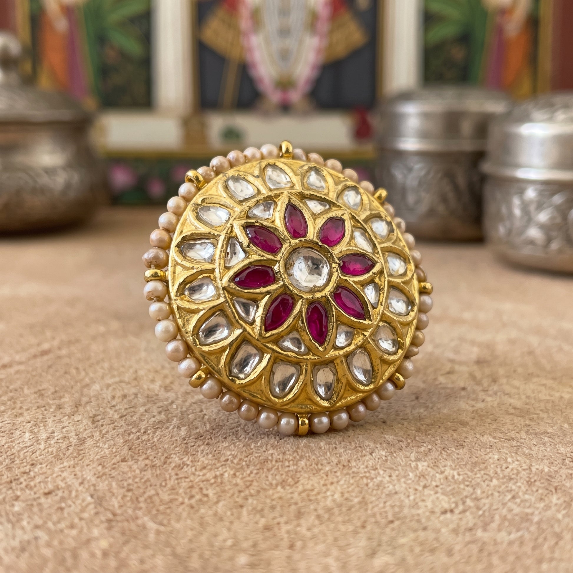 Handcrafted 22kt Gold Pink Flower Ring with 2 Carat Certified Syndicate Polki and Pink Semi Precious Stone in Floral Thapa Work