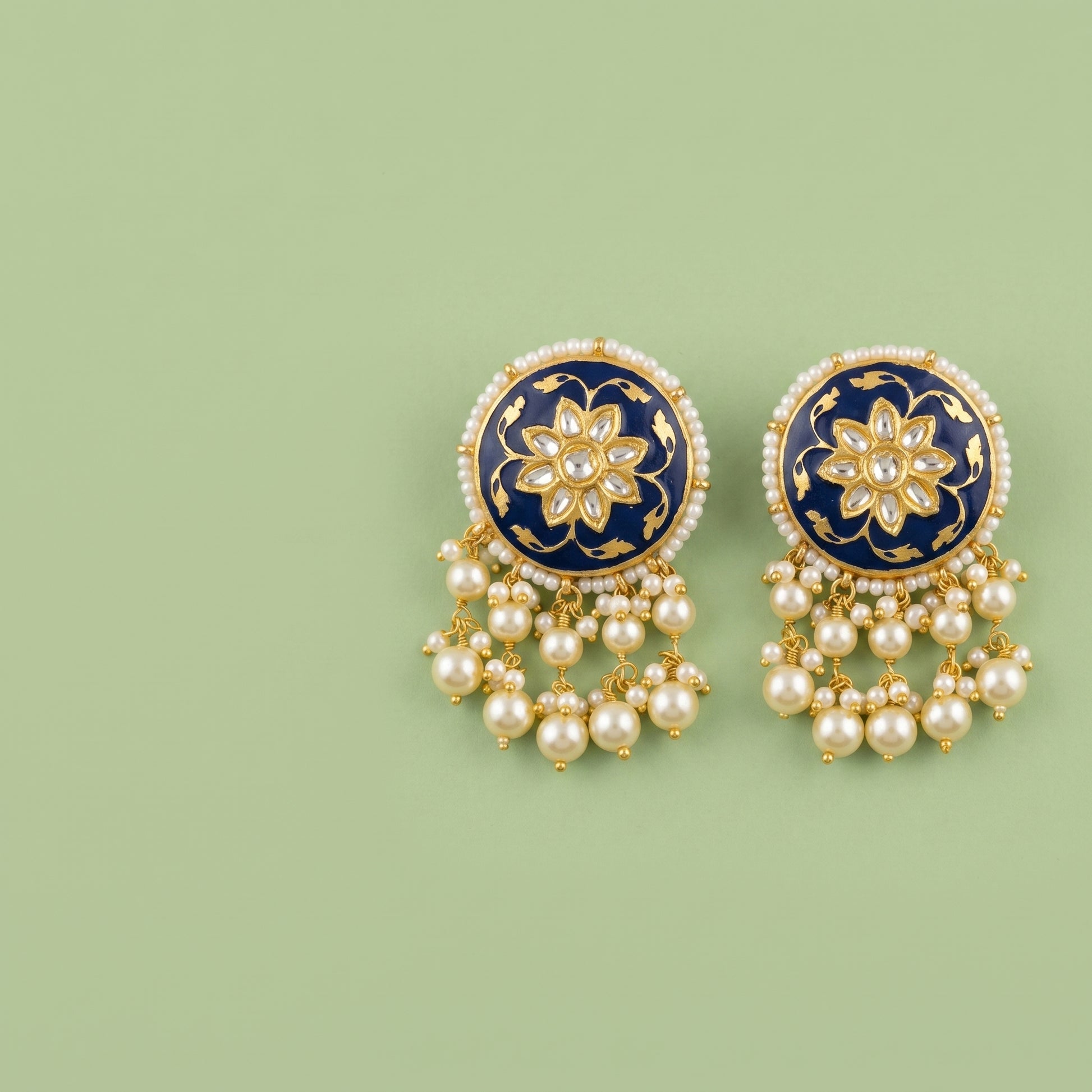 Handcrafted 22kt Gold Meenakari Studs with 2 Carat Certified Syndicate Polki and Meenakari Enamel Work in Thapa Work
